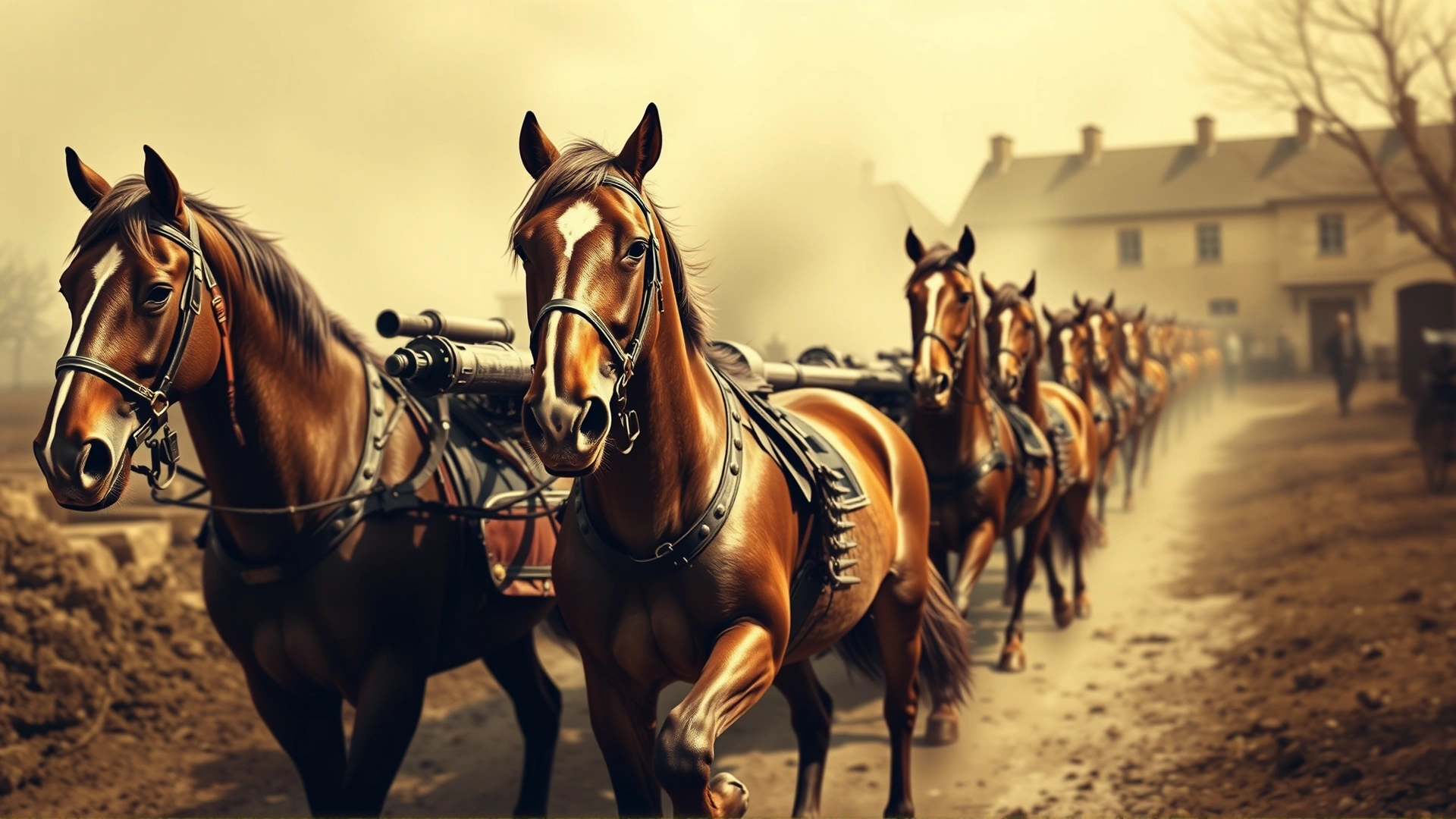 Vintage-style illustration of French Ardennais horses hauling artillery in 19th century France, sepia tone, no text