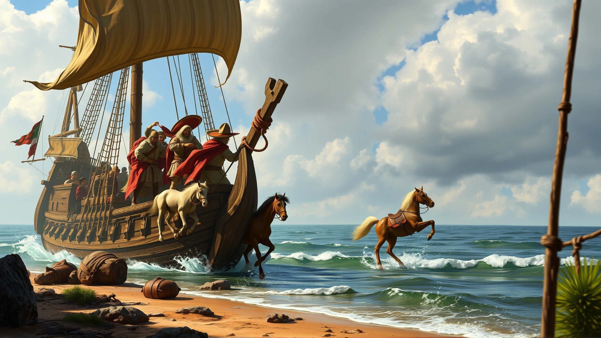Historic illustration style depiction of Spanish conquistadors unloading small horses from a galleon onto Mexican shores, 16th century vibe, digital art