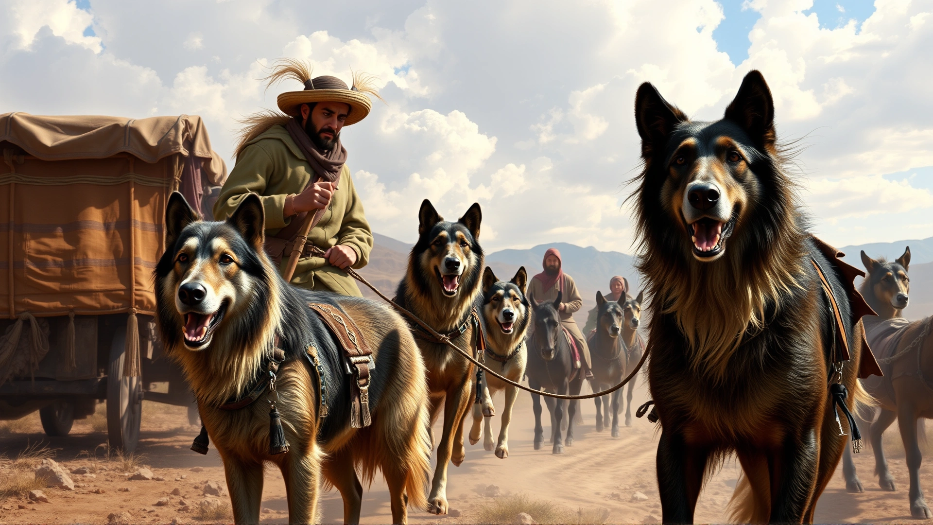 Historic-style illustration of nomadic herders with Central Asian Shepherd Dogs guarding a caravan on the ancient Silk Road.