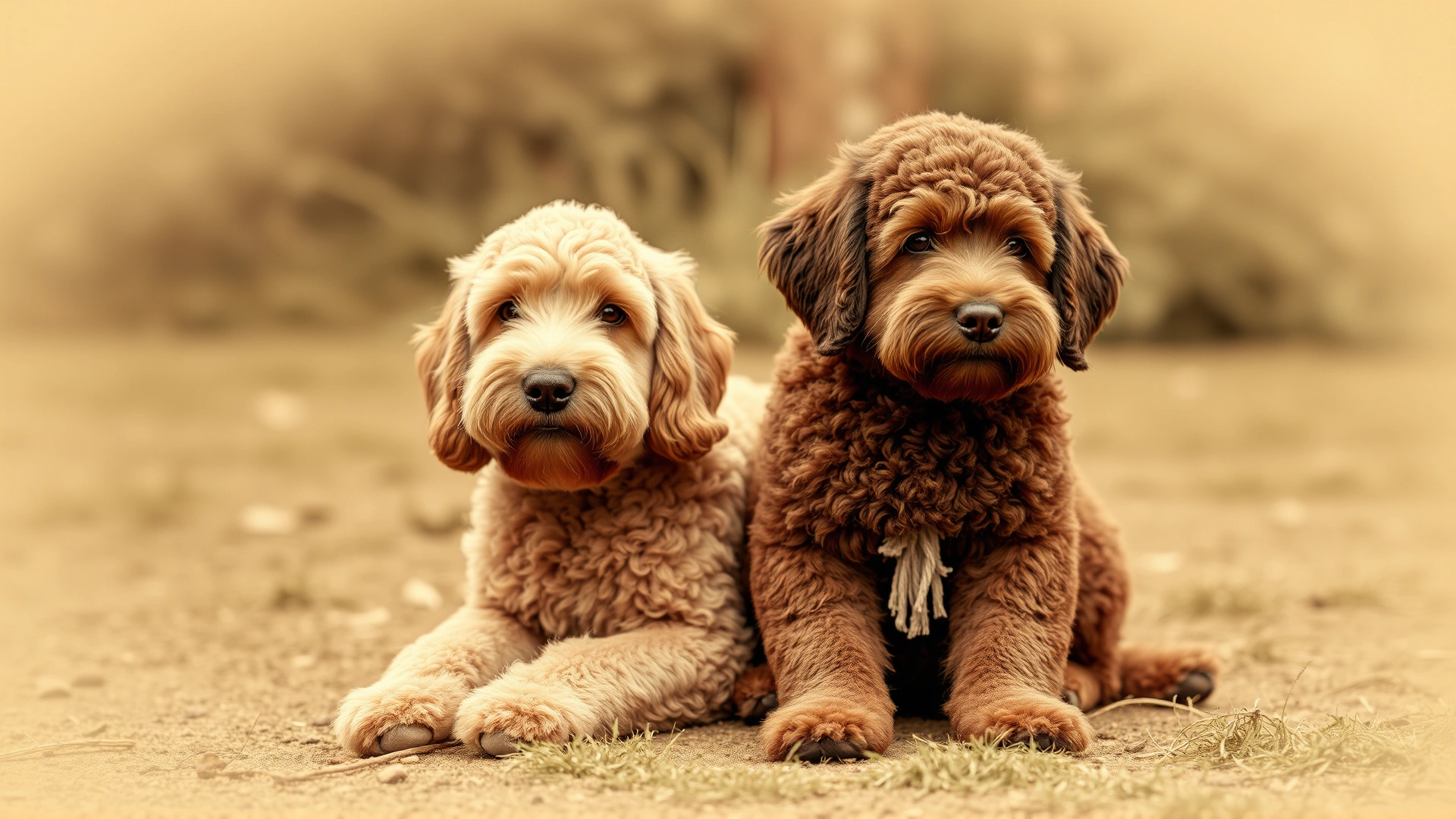 Vintage-style photograph of an early Labradoodle breeding pair (a Labrador Retriever and a Poodle) sitting together outdoors, sepia tone, nostalgic feel.