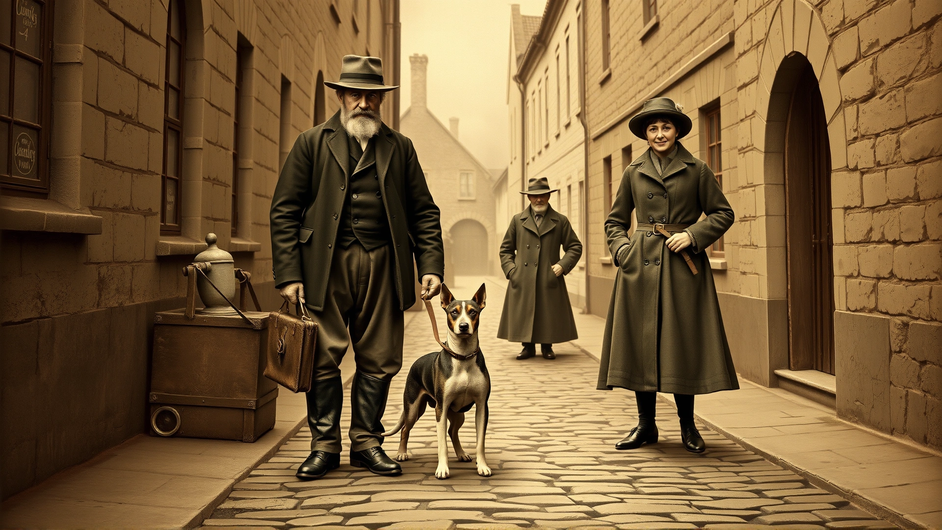 Sepia-toned illustration of 19th-century English breeders with an early Miniature Bull Terrier on a cobblestone street