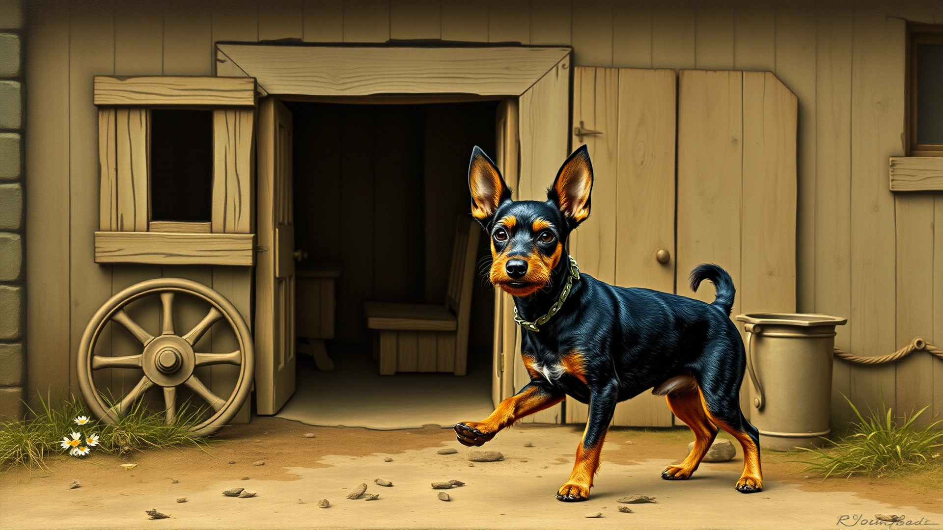 Vintage-style drawing of a Miniature Pinscher ratter beside an old German stable, muted colors, no text