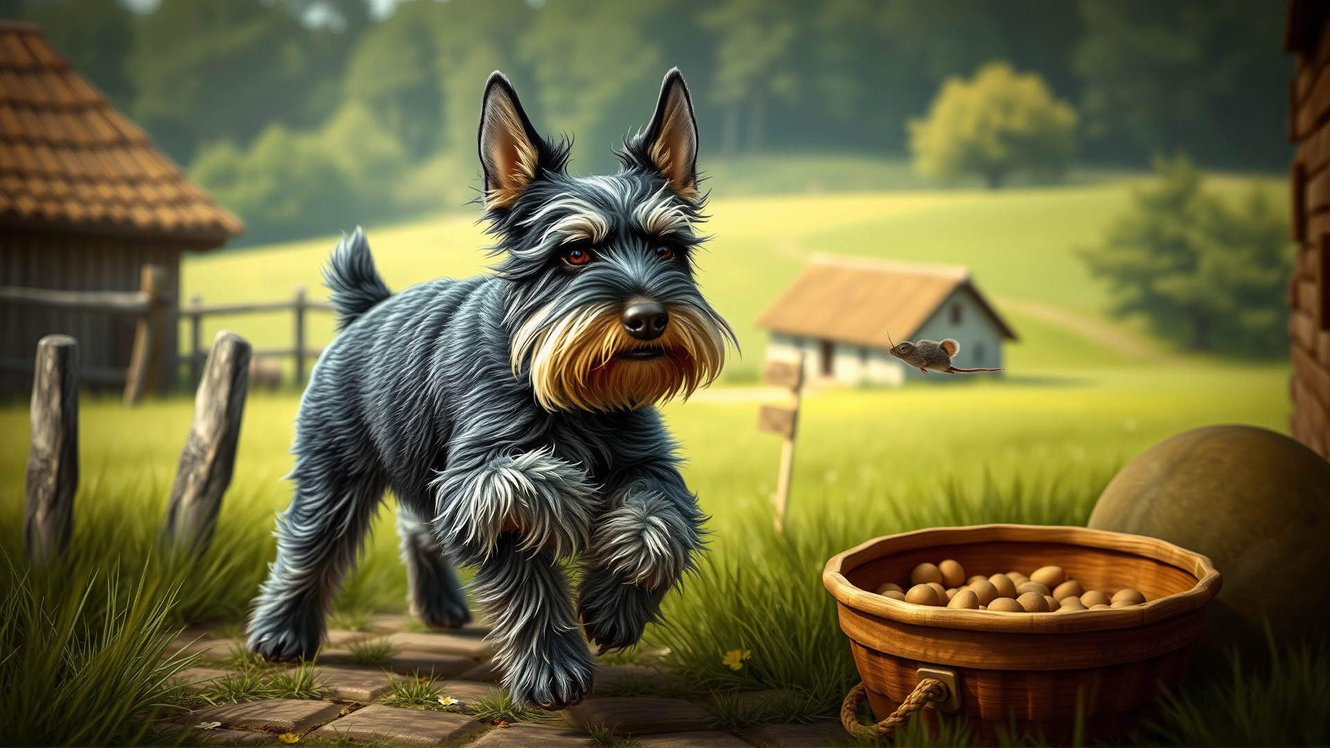 Vintage-style illustration of a Miniature Schnauzer on a traditional German farm chasing away rodents