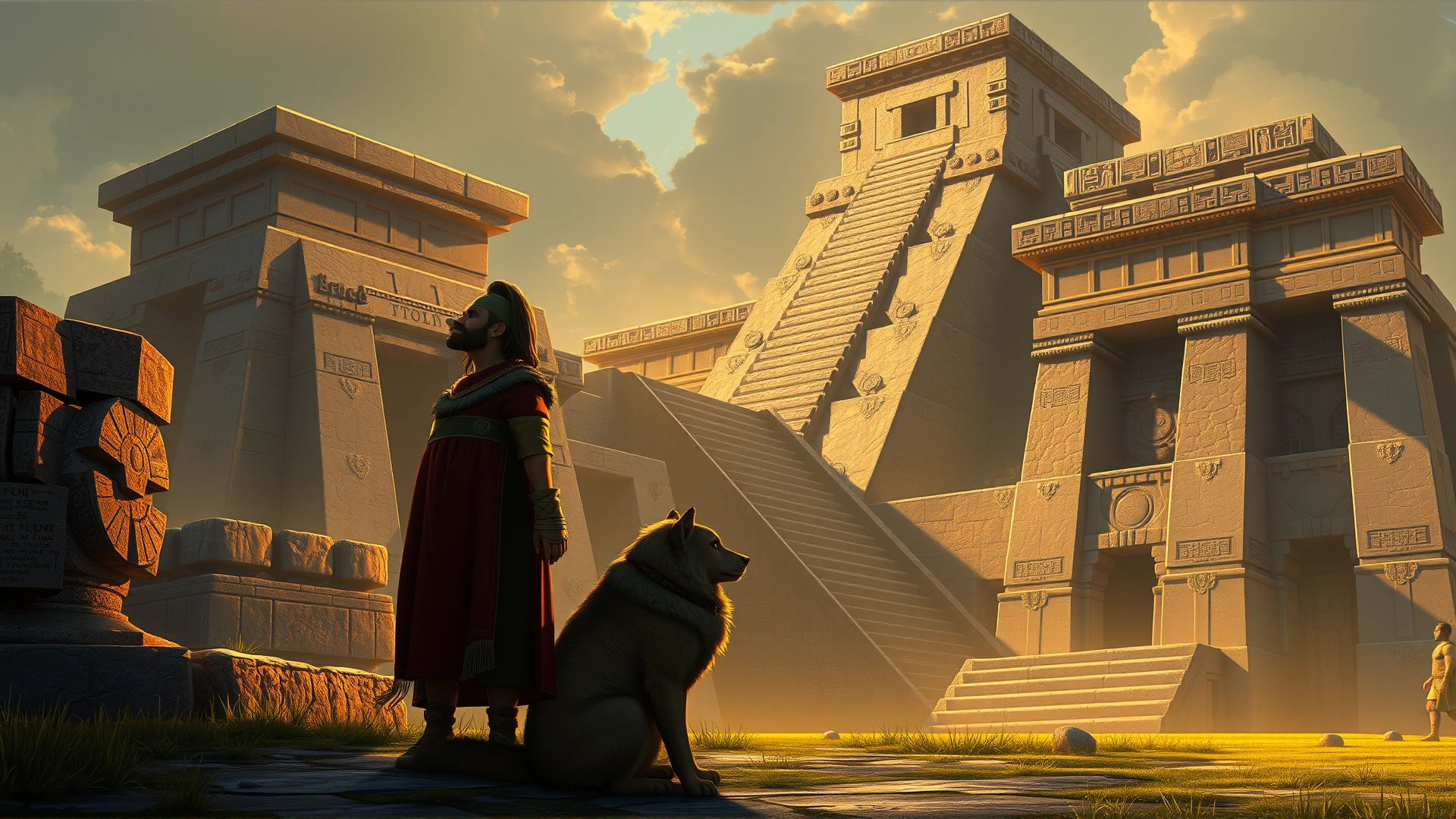 Illustrative scene of an ancient Aztec temple with a Xoloitzcuintli beside a priest, early morning golden light.