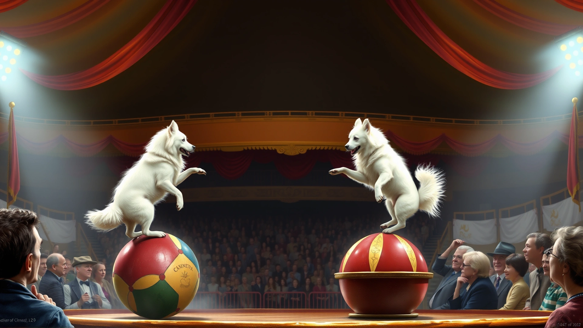 Vintage-style illustration of a 19th-century circus ring featuring a white spitz dog balancing on a colorful ball before an amazed audience.