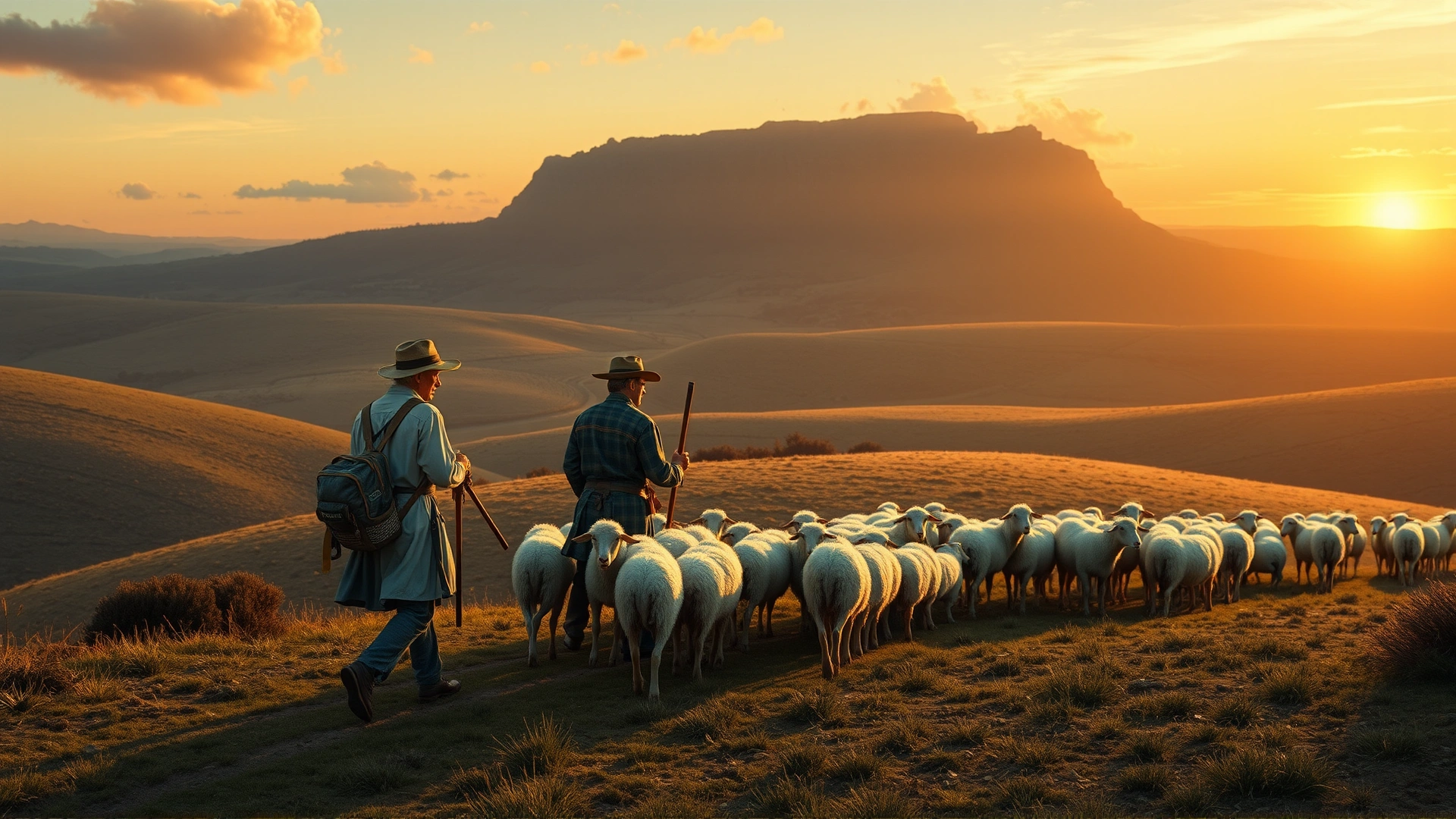 Vintage-style illustration of shepherds walking alongside a Rafeiro do Alentejo guiding a flock of sheep across rolling Portuguese hills at dawn.