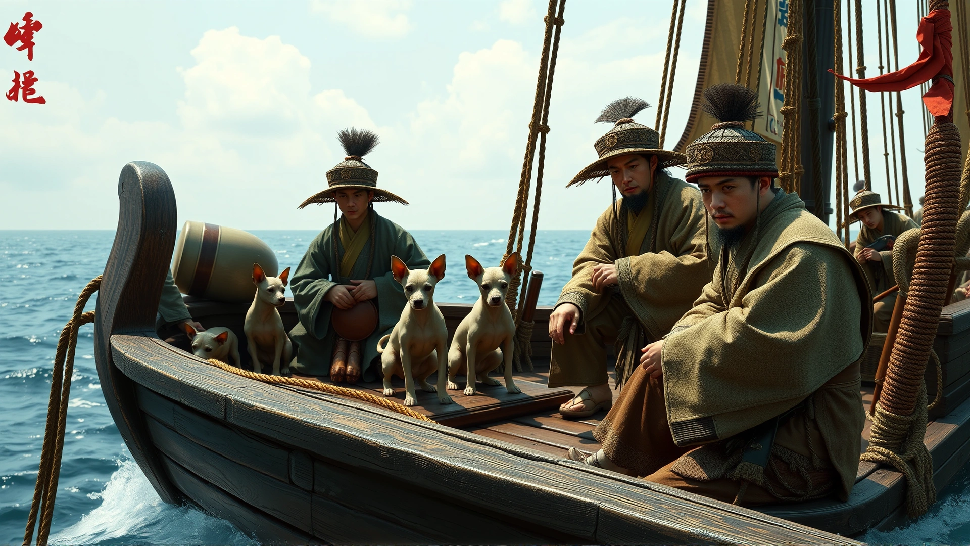 Artistic depiction of ancient Chinese sailors on a wooden ship with small hairless dogs on deck, ocean in the background, no text.
