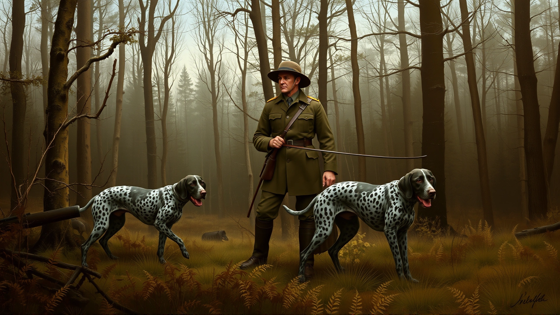 A vintage-style illustration of 19th-century German hunters accompanied by their German Shorthaired Pointers in a dense forest, painted in muted earthy tones to evoke history.