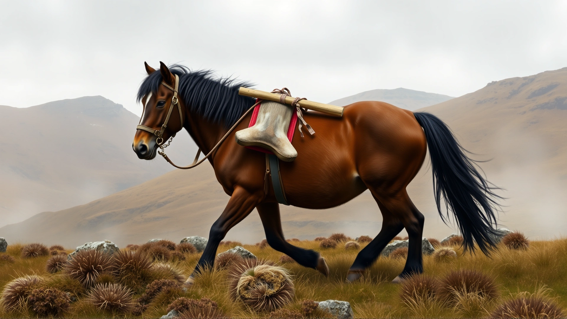 Vintage style illustration of a Highland Pony carrying game across rugged Scottish Highlands, muted earthy tones, no text.