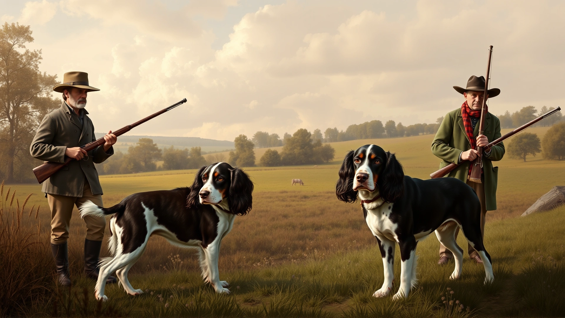 Vintage-styled illustration of 19th-century French hunters accompanied by Brittany Spaniel dogs in the countryside.