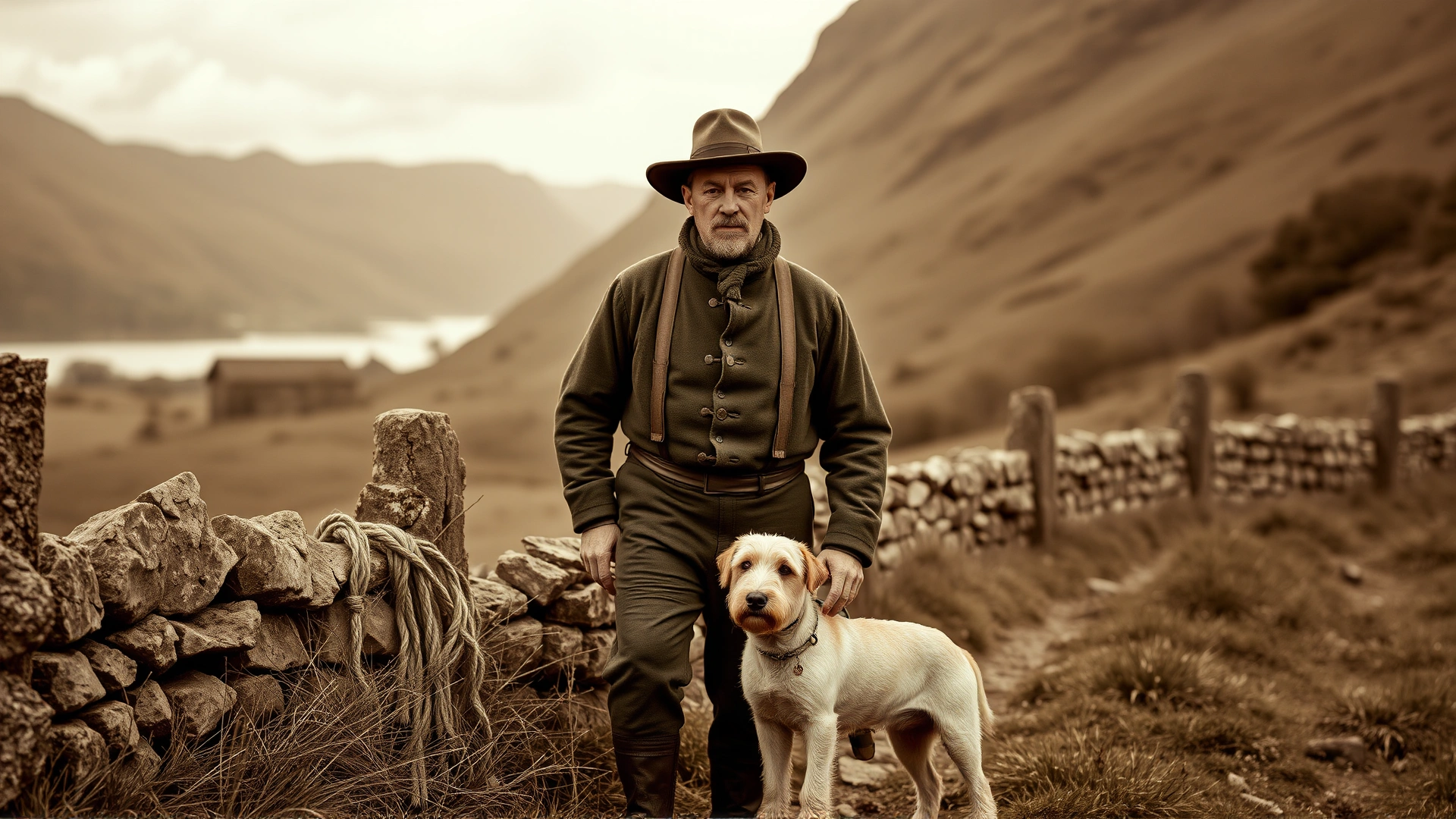 Vintage-style sepia photograph of a 19th-century farmer with a Lakeland Terrier beside stone fences in the English Lake District, no text.