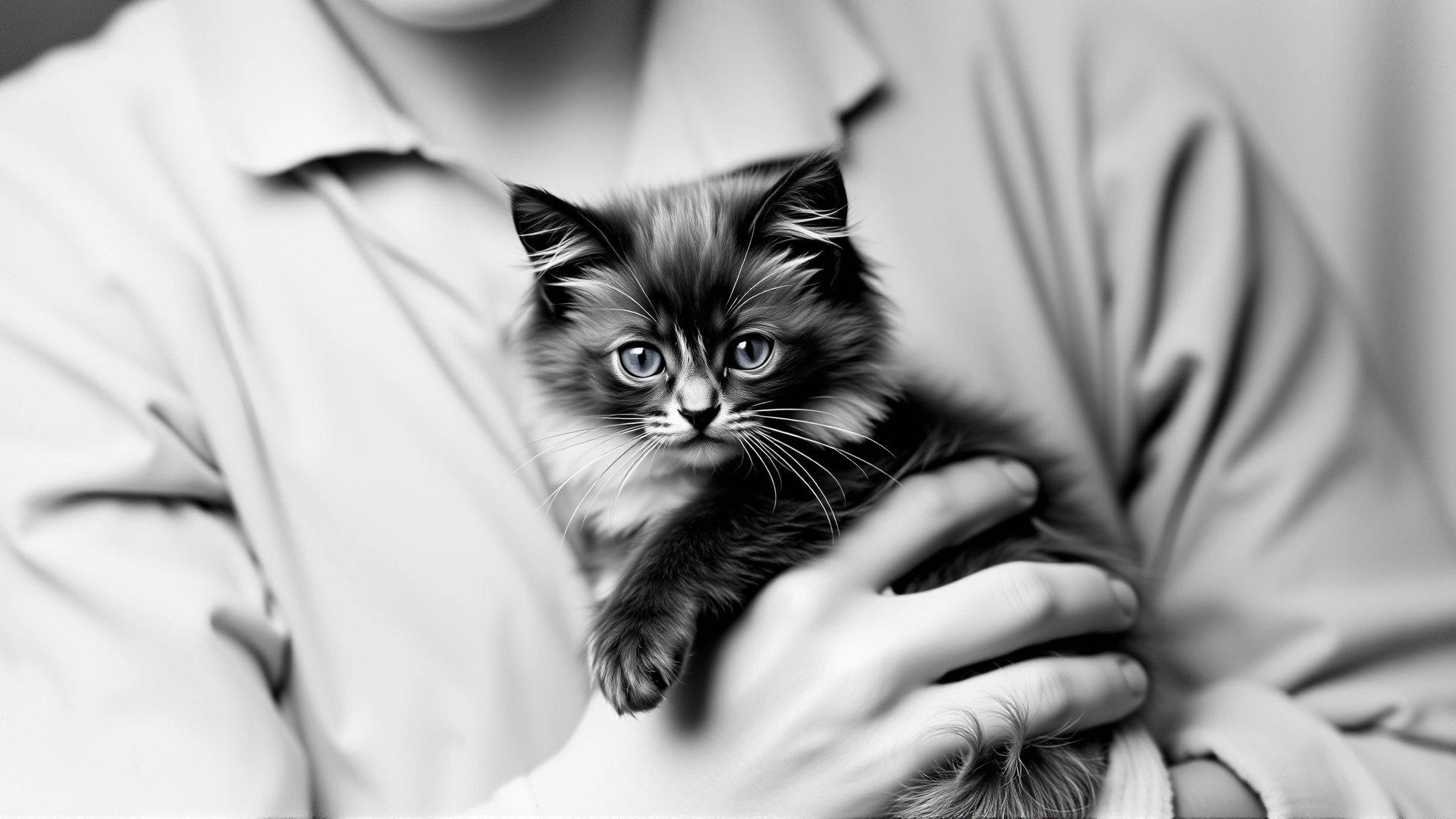 Vintage-style black and white photo of an early American breeder holding a young long-haired Siamese kitten, illustrating the Balinese breed's origins.