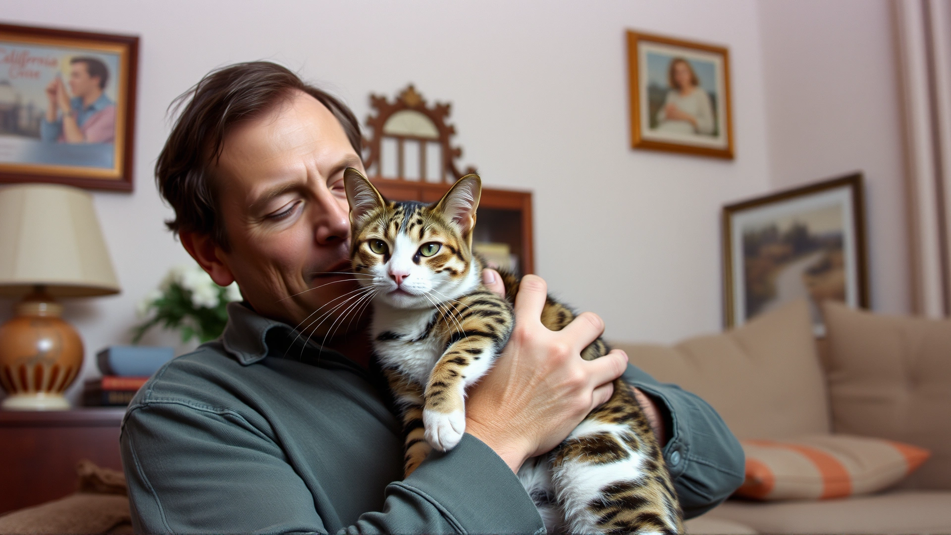 Vintage-style photo of Paul Arnold Casey Jr gently holding a spotted California Spangled cat in a 1980s living room, muted tones