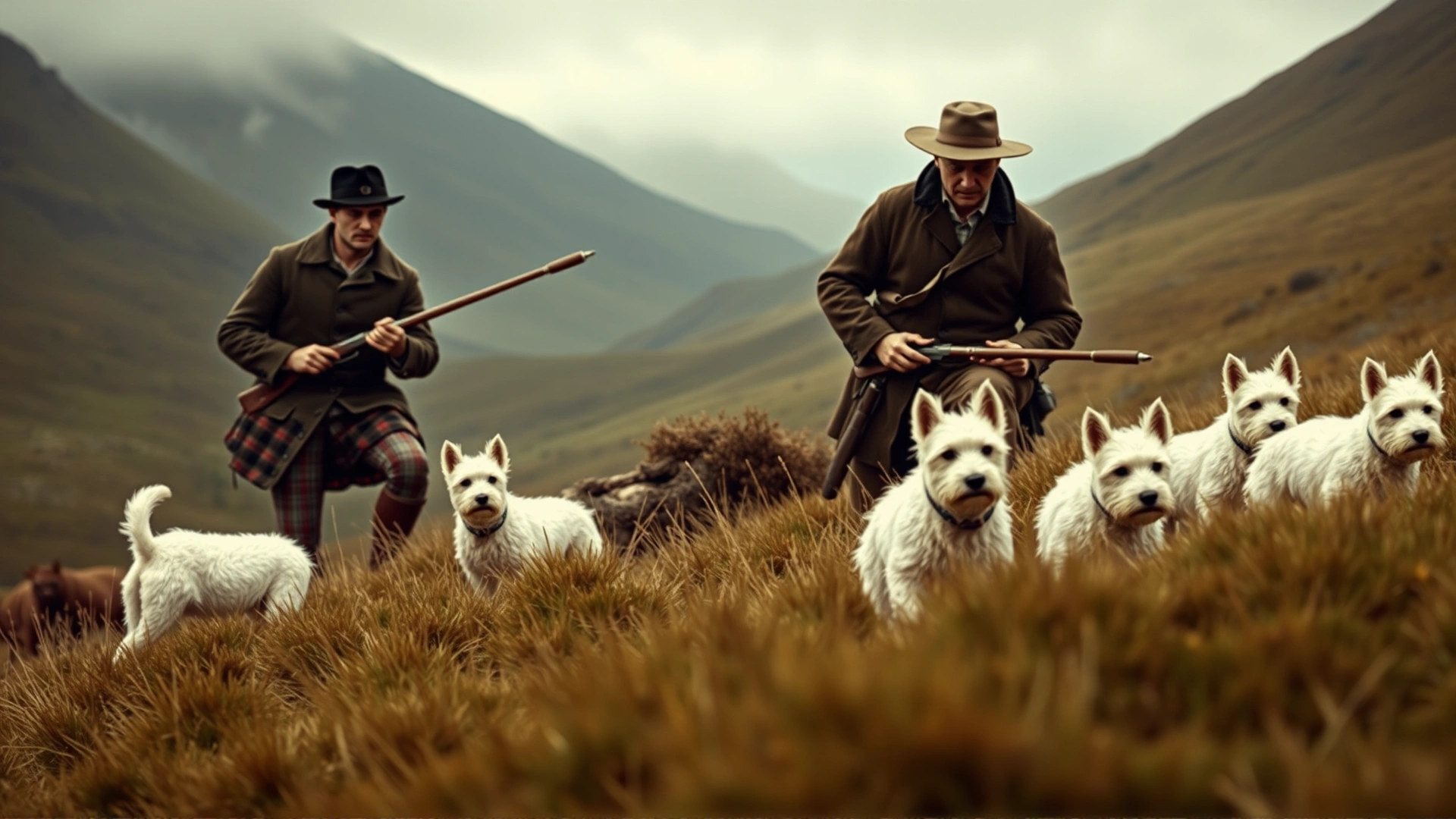 Vintage-style scene of Scottish hunters in Highlands accompanied by small white terriers, evoking the breed's origin (no text on image)