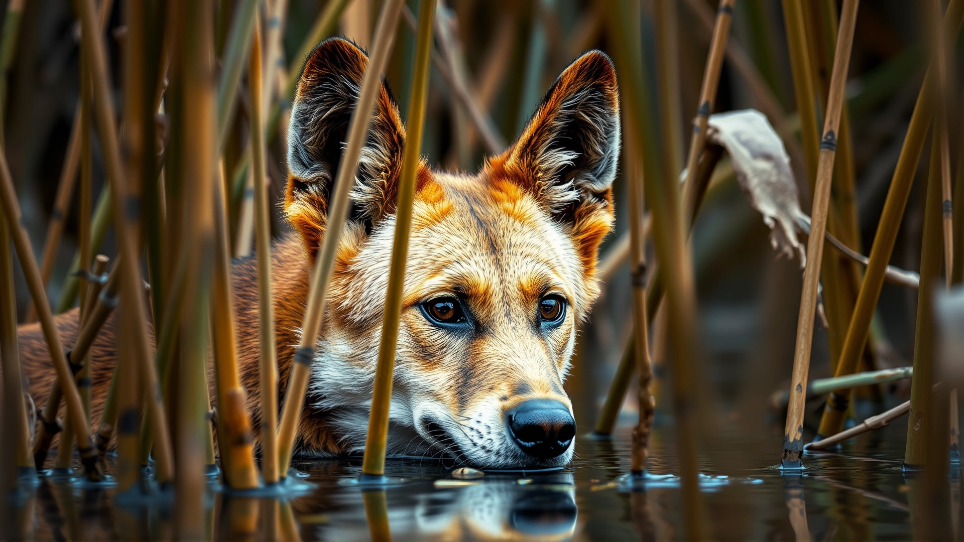 An artistic photo of a Carolina Dog partially hidden among tall reeds in a Southern swamp, evoking its feral origins