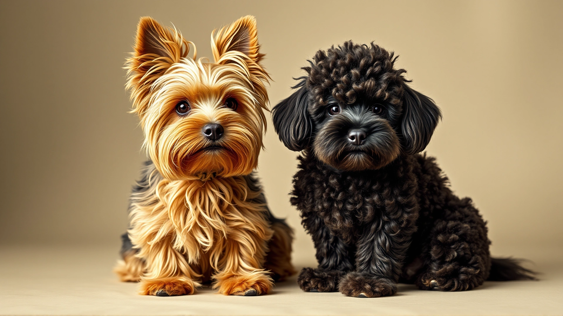 Vintage style photograph of a Yorkshire Terrier and a Toy Poodle sitting side by side, illustrating the parent breeds of the Yorkiepoo