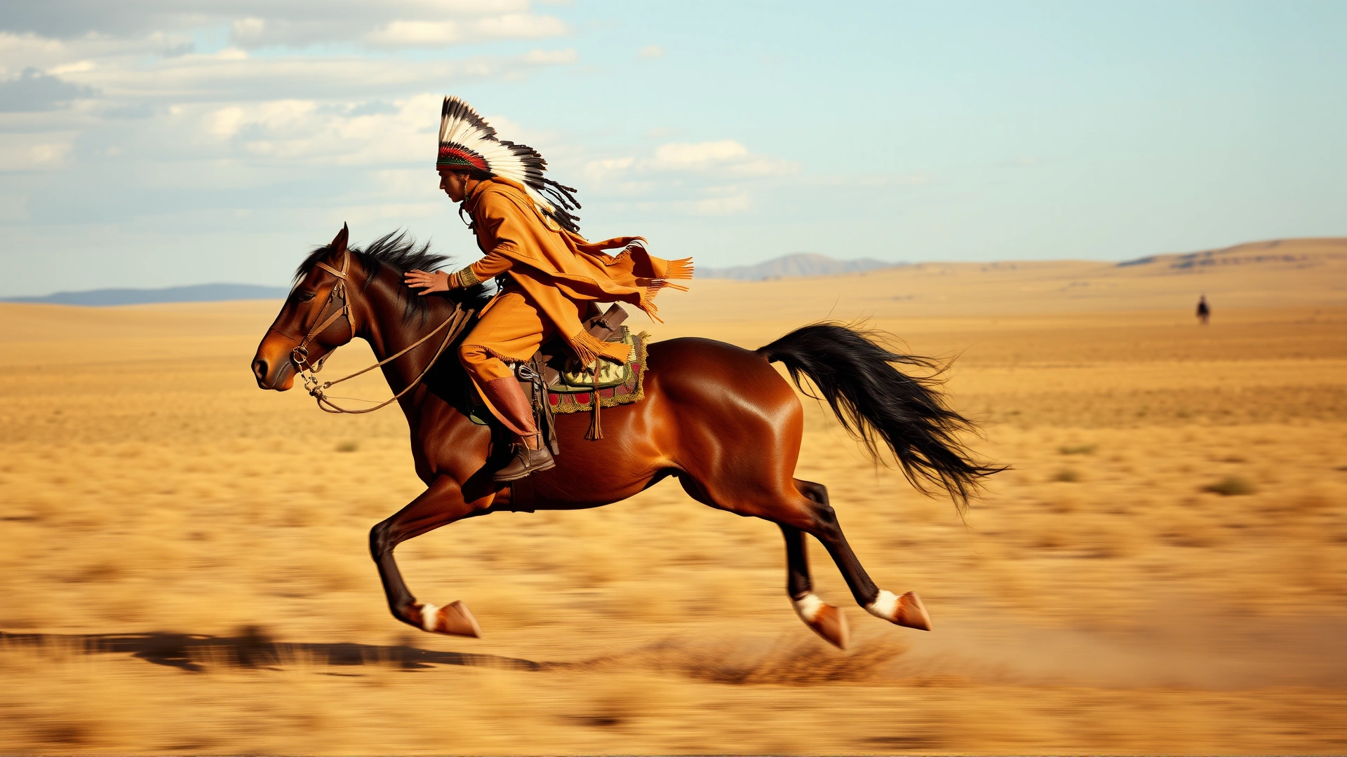 Historic-style scene of a Native American rider galloping on an American Indian Horse across a vast plain, evoking 18th-century setting. Motion blur adds dynamism.