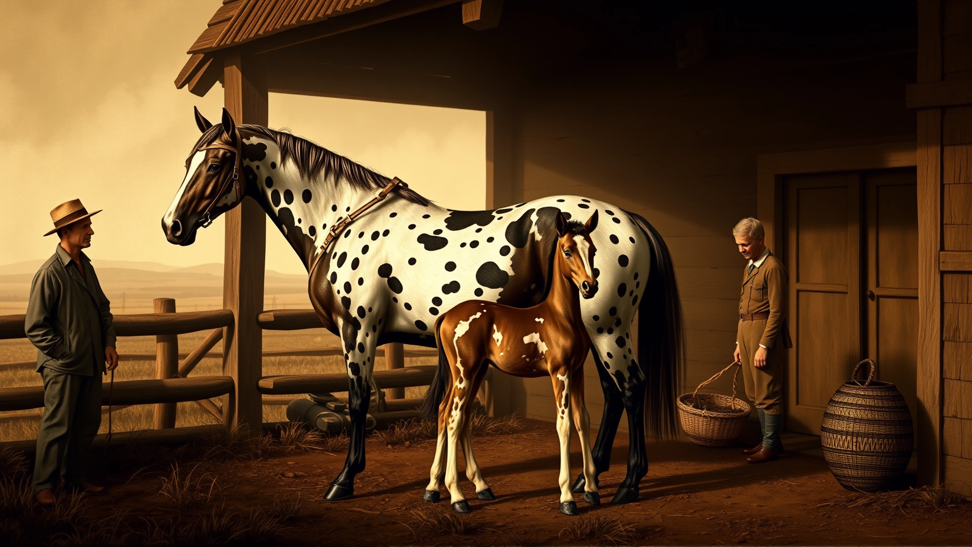 Vintage-style illustration of a 19th-century Danish farm with a spotted Knabstrupper mare and foal being admired by farmers, warm sepia tones, historically inspired, no text