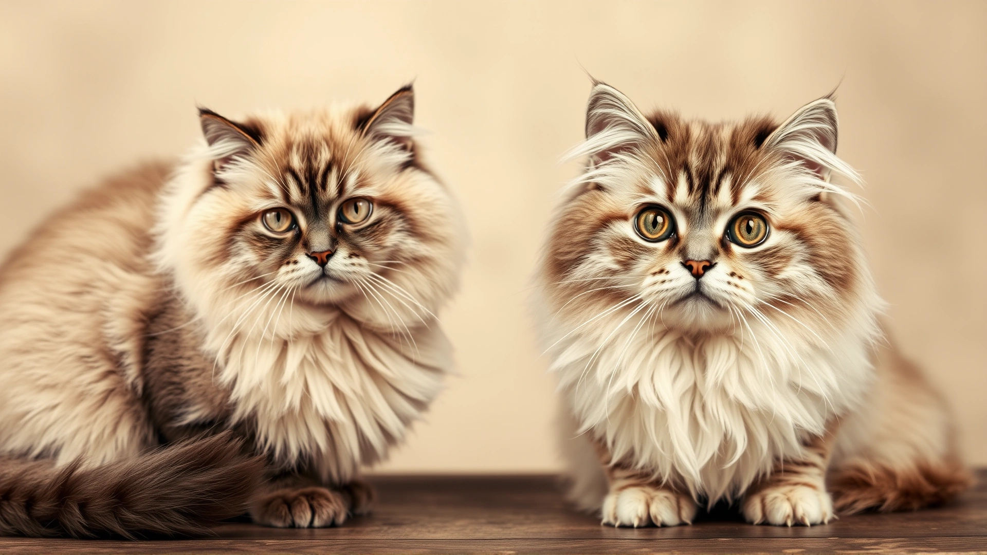 Vintage-style photo of two cats—a Burmese and a Chinchilla Persian—side by side to illustrate the origin of the Burmilla breed, sepia tone, clear focus on coat differences