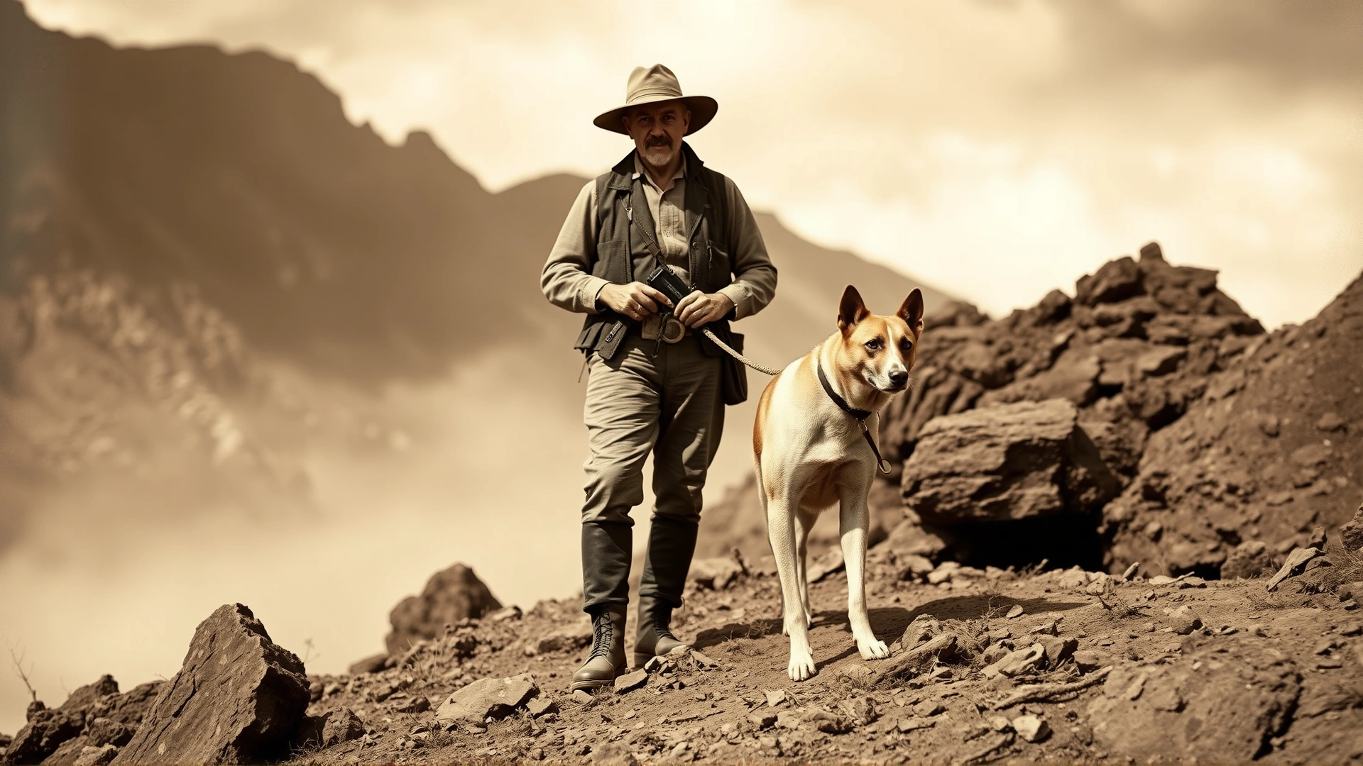 Sepia-toned archival-style image of early 20th-century Argentine hunter with an ancestor of the Dogo Argentino in rugged terrain