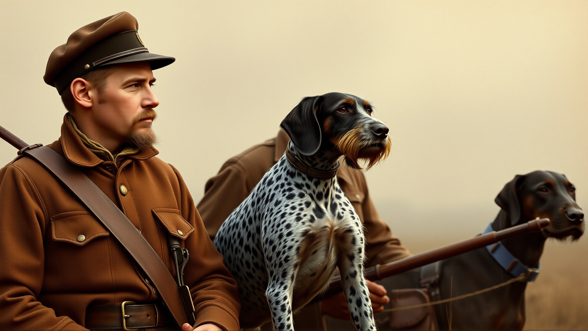 Vintage-style illustration of late-19th-century German hunters accompanied by an early German Wirehaired Pointer, muted earthy tones.