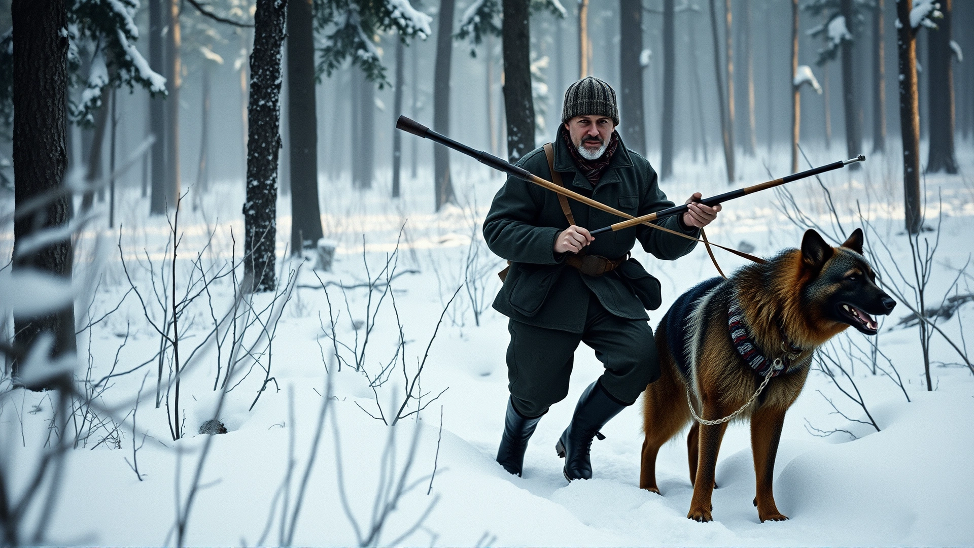 Vintage-styled image of a 1930s Finnish hunter accompanied by a Karelian Bear Dog in a snow-covered forest