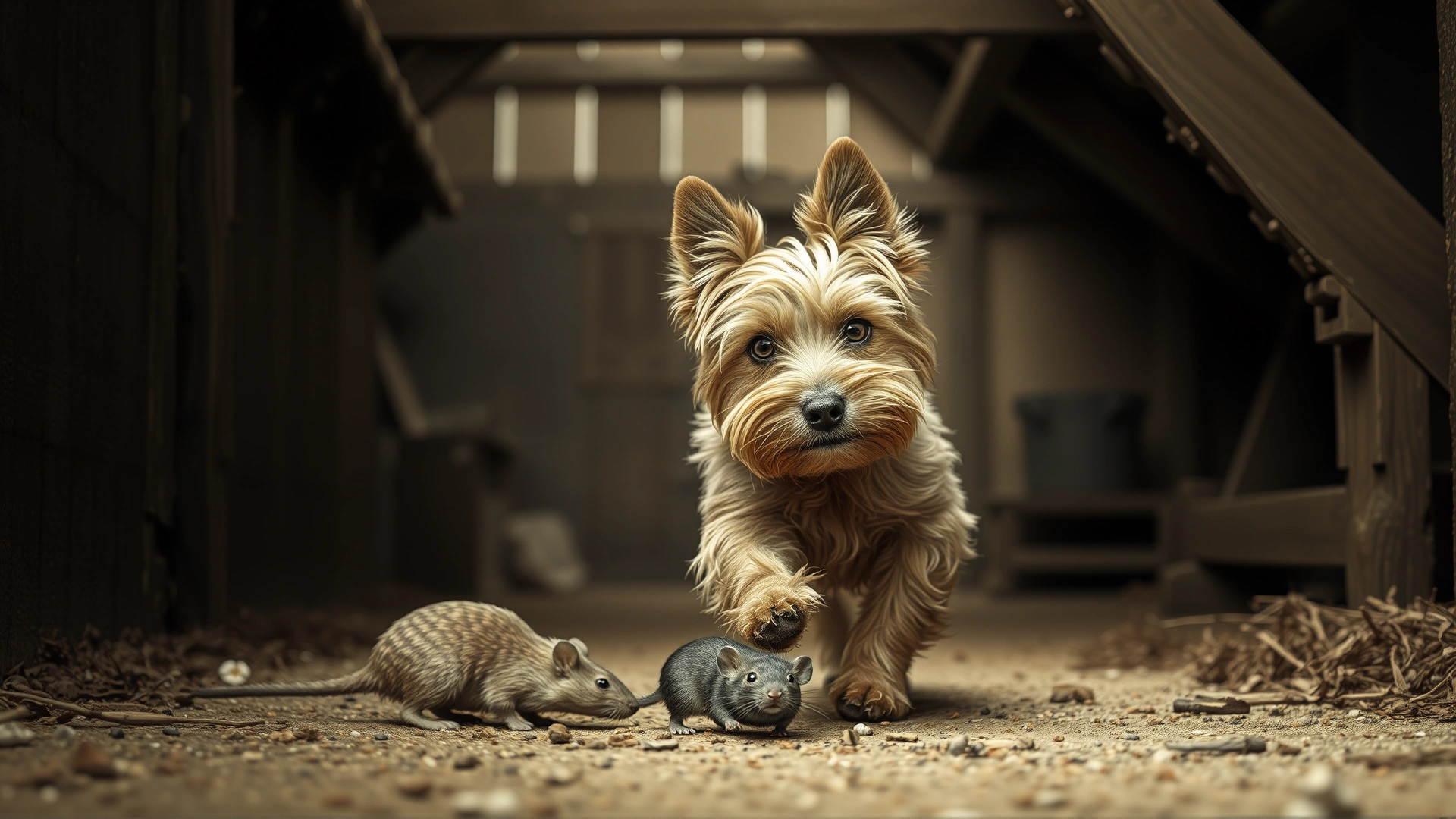 Vintage-style image of a Norwich Terrier chasing a rat in an old English barn setting, sepia tones