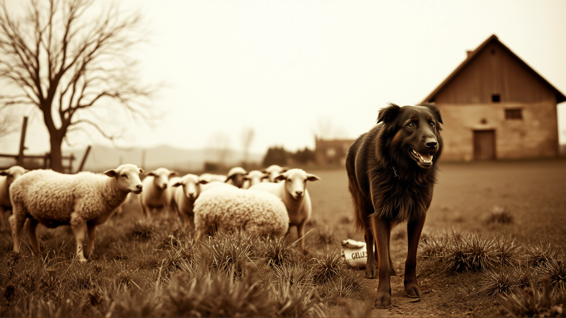 Vintage photograph of a Belgian Sheepdog herding sheep in late-19th-century Belgian countryside, sepia tones, historical atmosphere