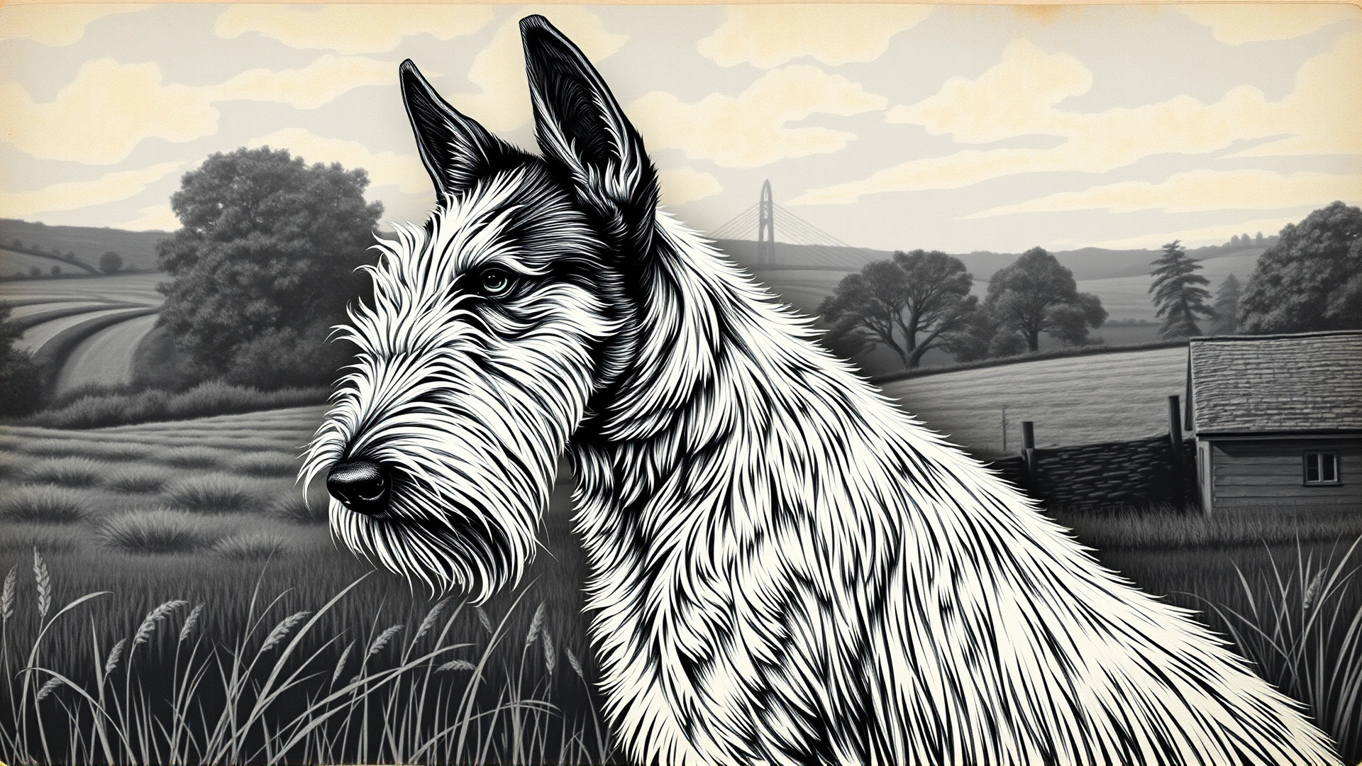 Vintage black-and-white style illustration of a Wire Fox Terrier with early 20th-century English countryside background
