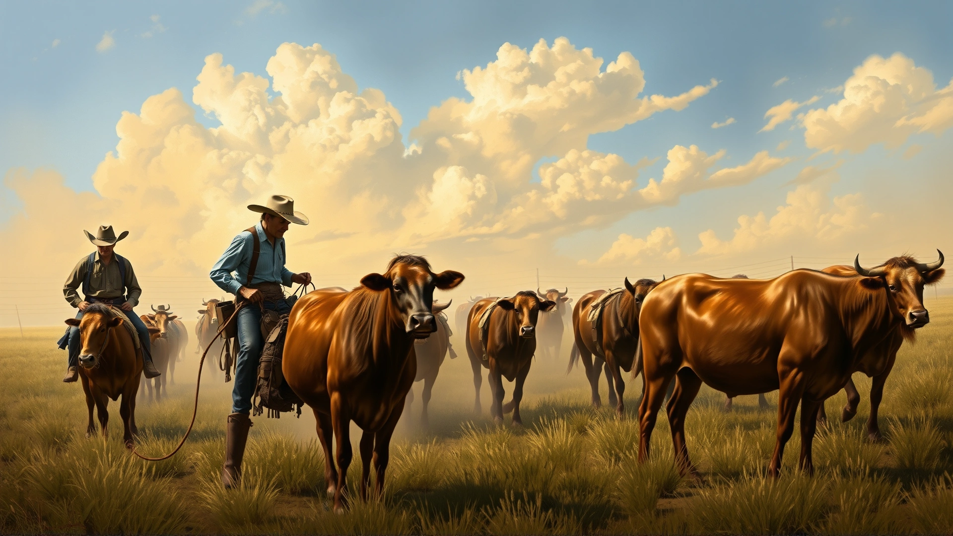 Vintage-style illustration of 19th-century Texas ranchers working cattle with a Blue Lacy by their side.