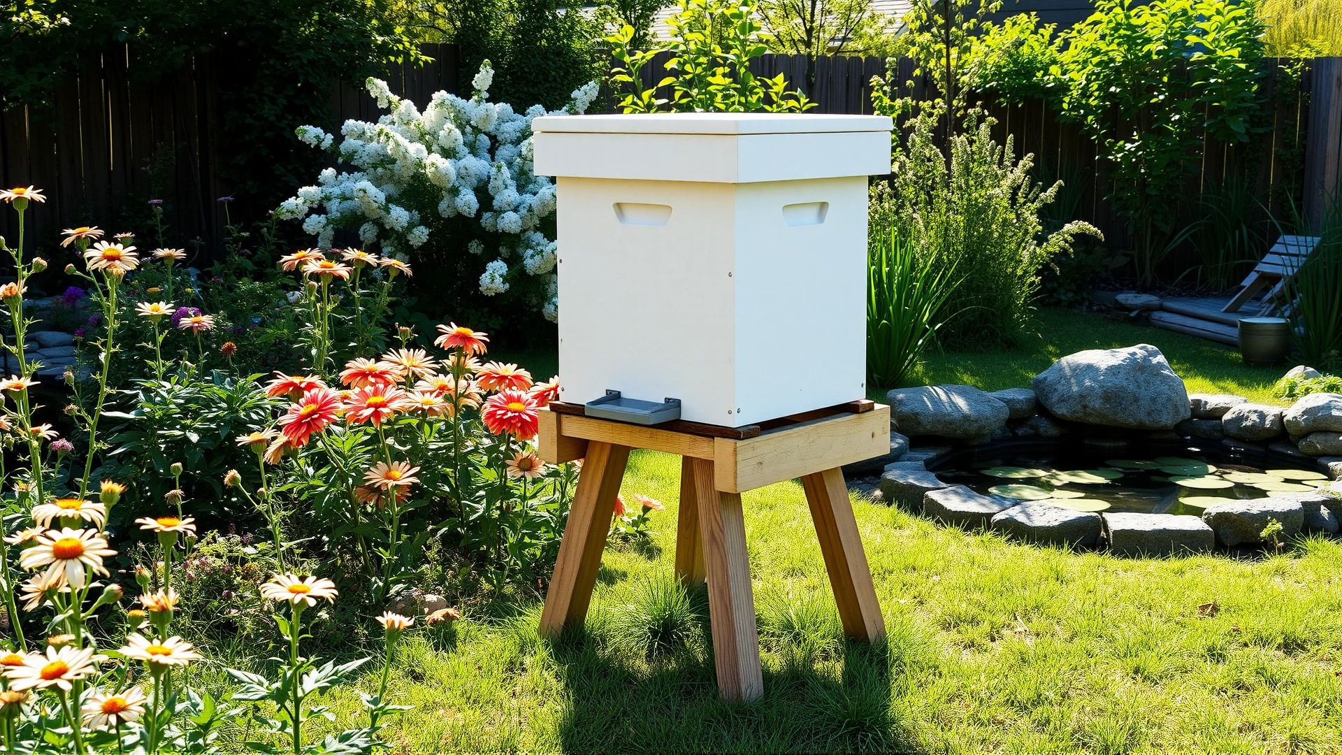 Peaceful backyard garden scene with a single white Langstroth hive on a sturdy stand, surrounded by blooming flowers and a small pond in the background.