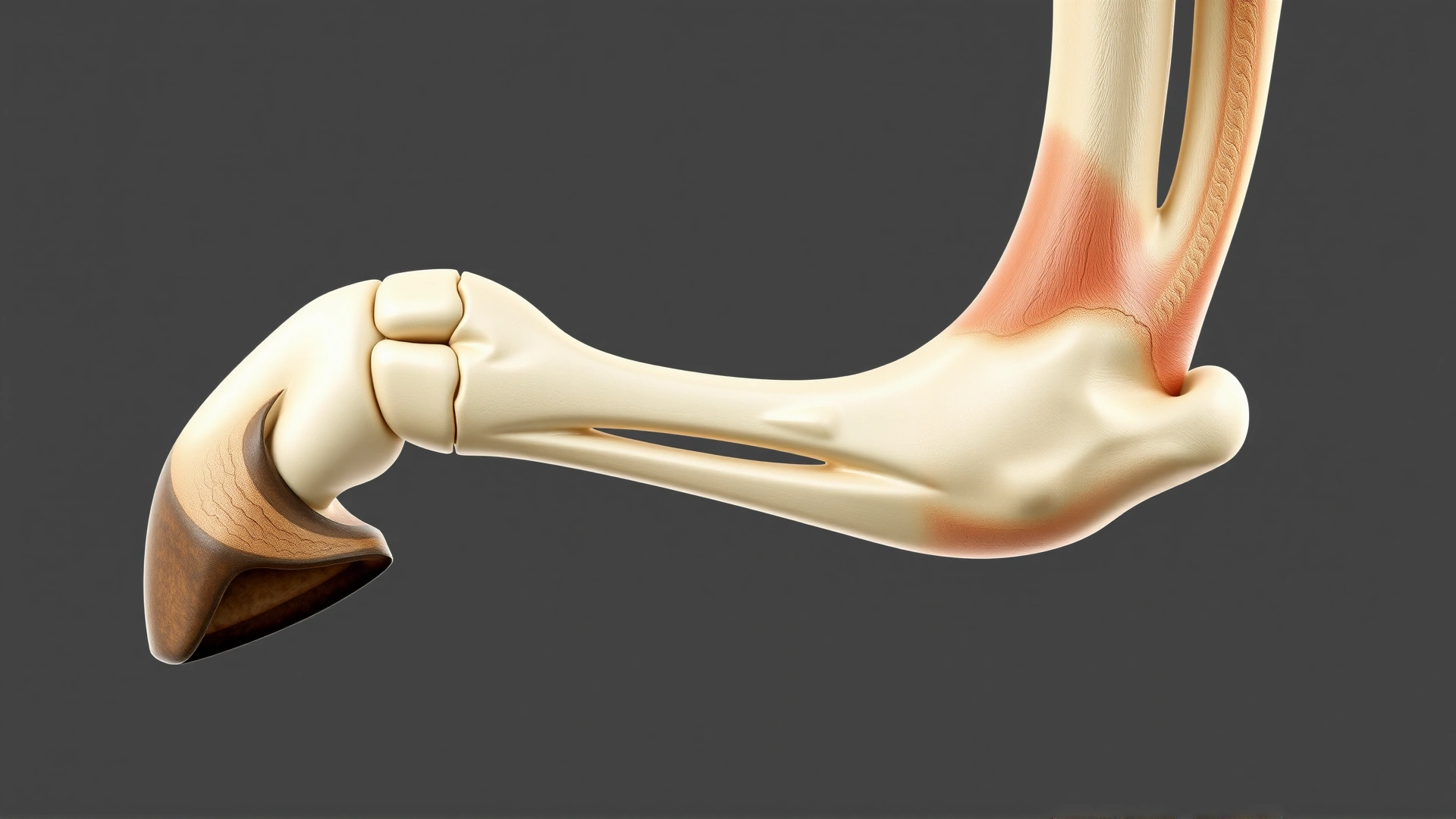 Professional veterinary illustration showing the bones and main ligaments of the equine hock from a lateral view, realistic style, no labels or text