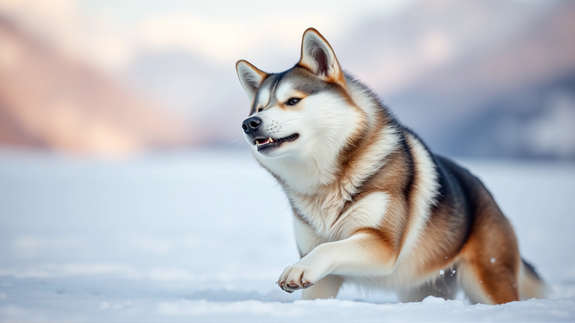 Hokkaido Inu playing in fresh snow with mountains blurred in the background