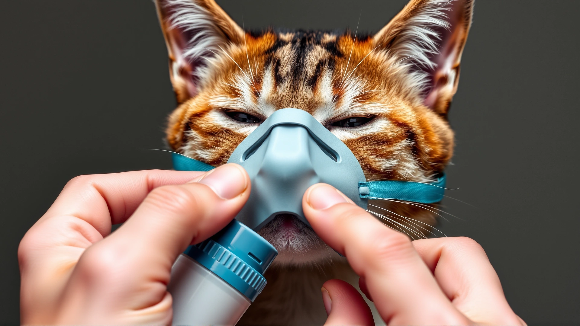 Close-up of hands gently holding a spacer mask over a calm cat’s face while pressing the inhaler canister.