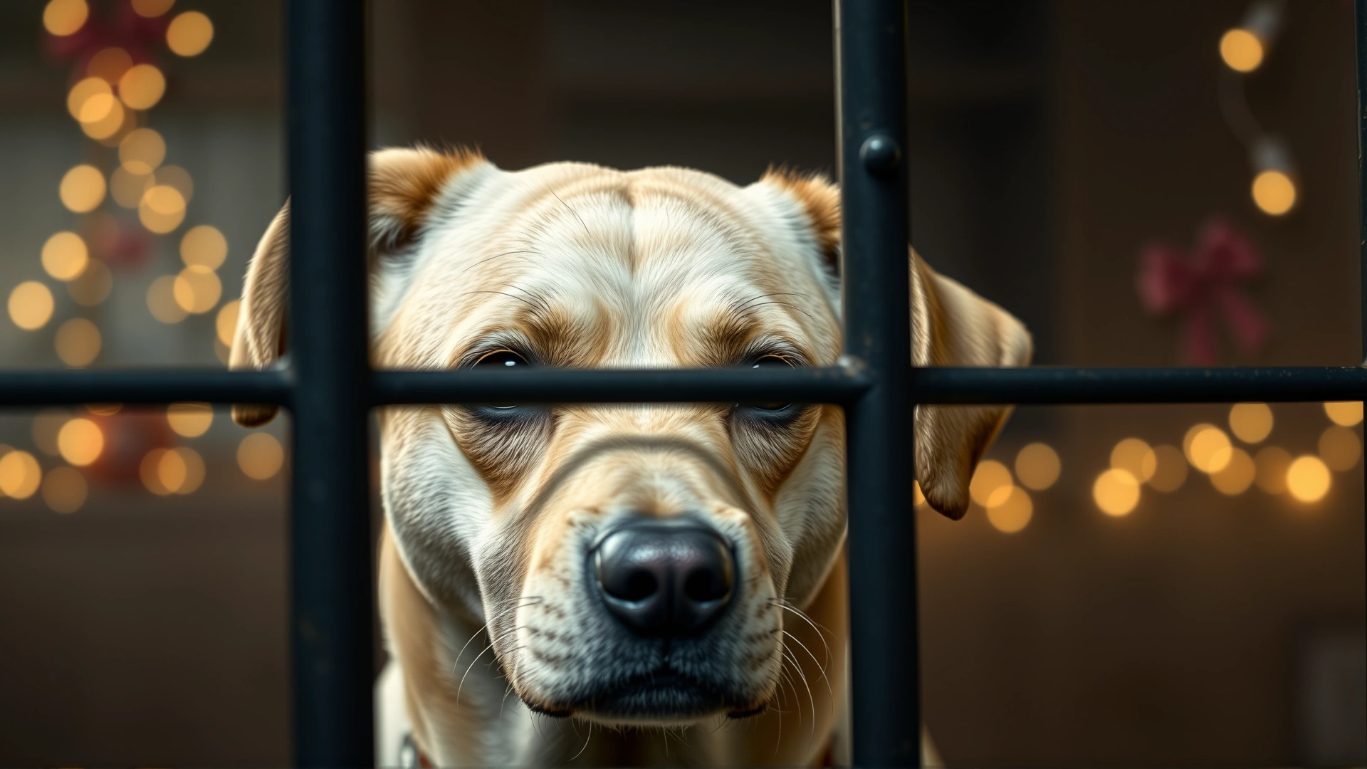 Dog with sad eyes behind shelter bars with small Christmas lights and decorations in background, soft light, emotional mood.