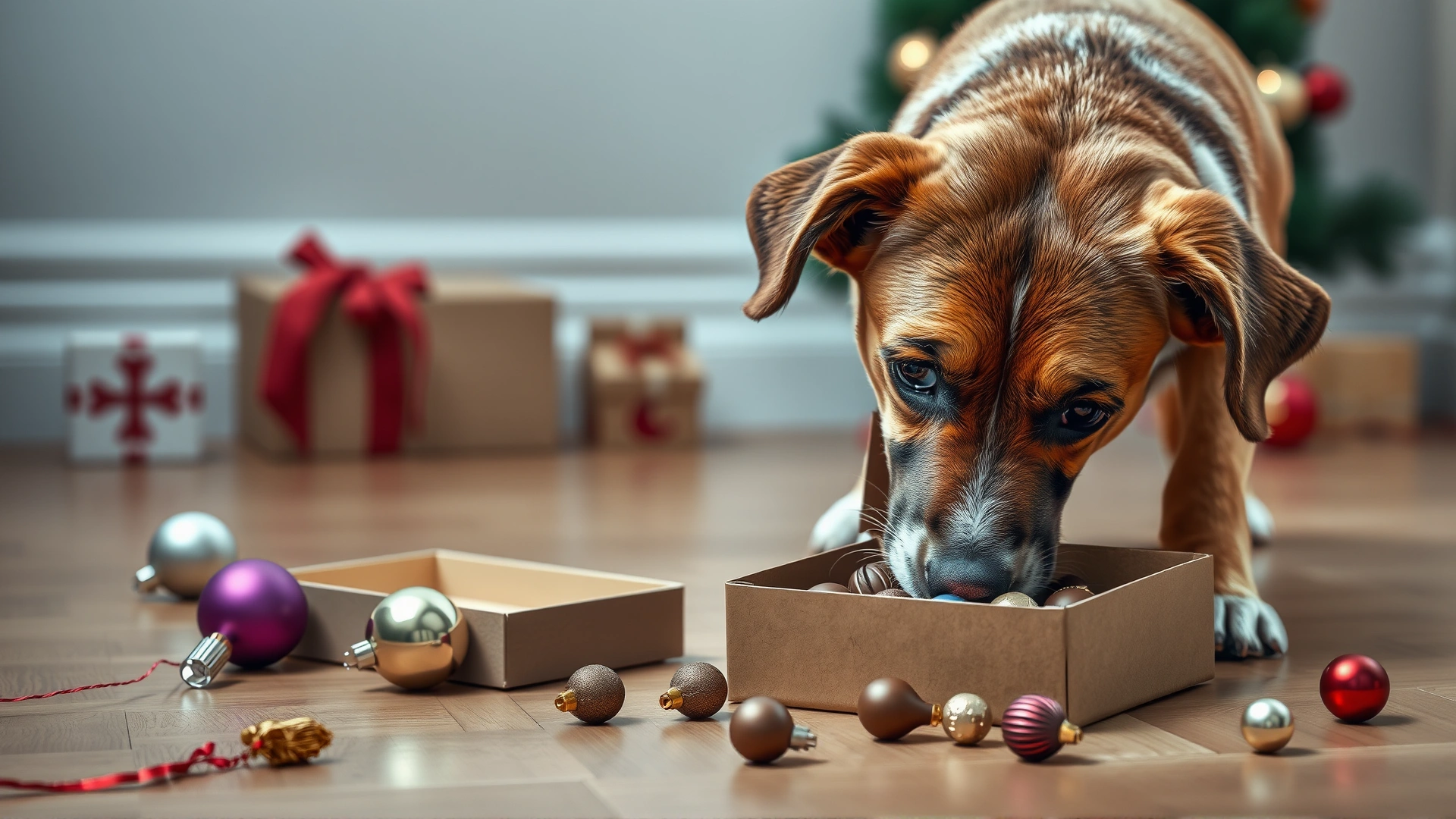 Curious dog sniffing an open box of chocolates and scattered Christmas ornaments on the floor, highlighting potential holiday hazards.