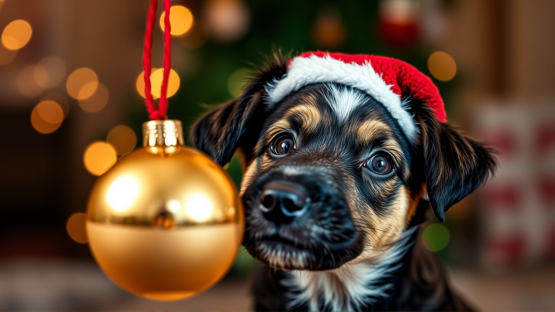 Close-up of a playful mixed-breed puppy wearing a tiny Santa hat and looking curiously at a shiny ornament, soft-focus holiday lights in background.