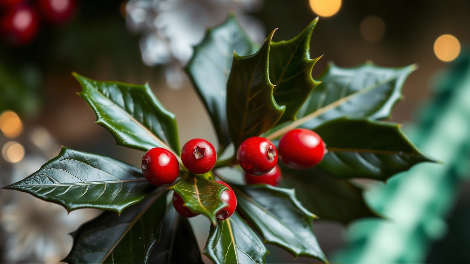 Macro shot of a holly sprig with glossy leaves and red berries, against a softly lit holiday backdrop.