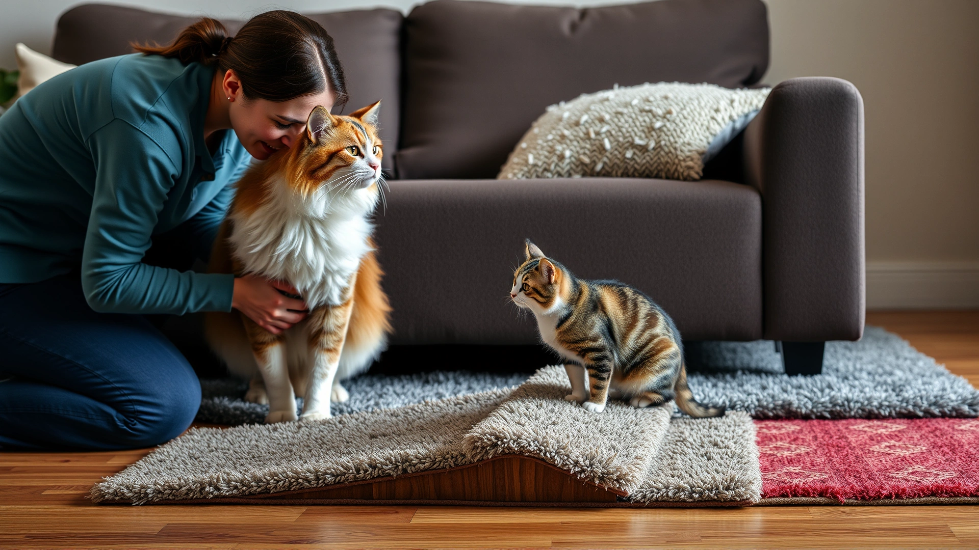 Pet owner placing soft rugs and a small ramp near a couch while a blind cat observes, demonstrating home modifications for visually impaired pets.