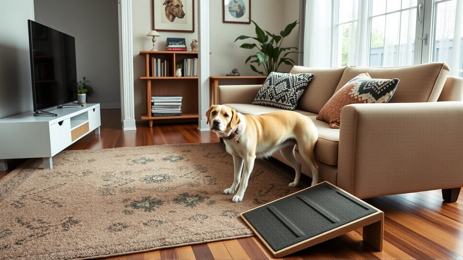 Interior living room equipped with non-slip rugs and small ramps beside a sofa, designed to accommodate a three-legged dog.