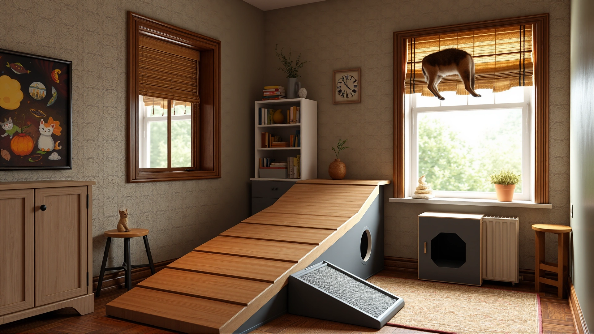 Cozy apartment corner featuring a ramp leading to a window perch and a low-sided litter box designed for senior cats