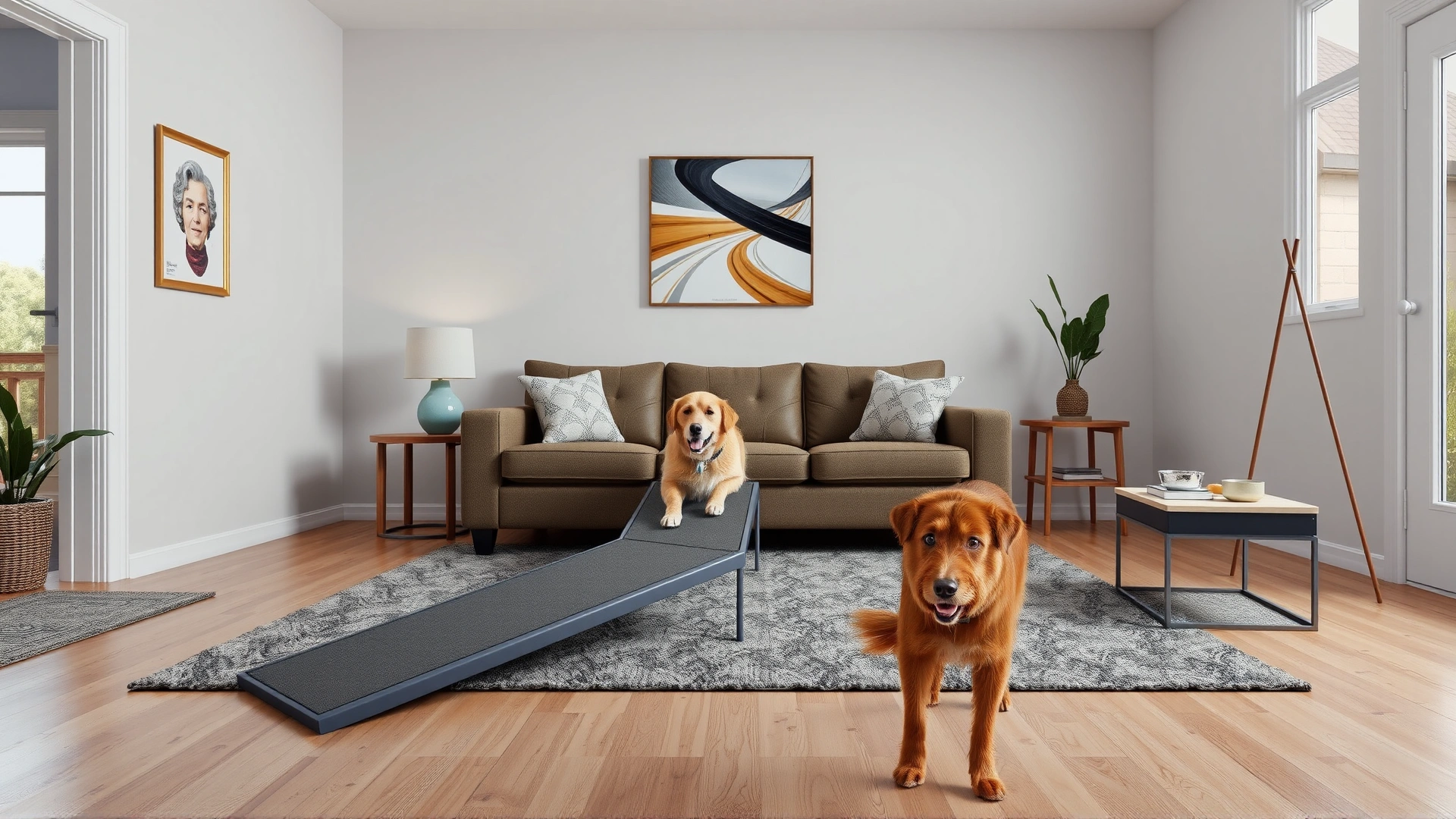 Living room with pet-friendly modifications: dog ramp leading to sofa, non-slip rugs, and elevated food bowls, senior dog approaching.