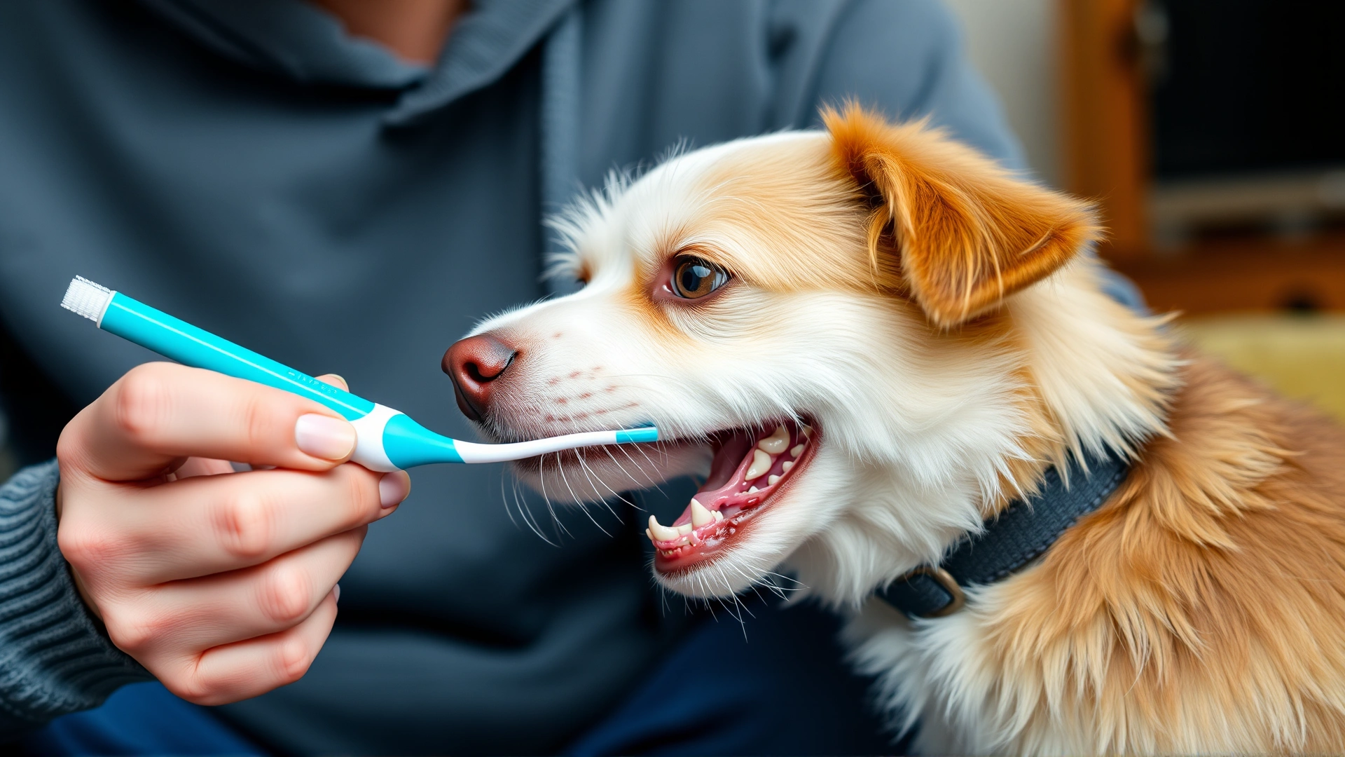 Pet owner using a dog-safe toothbrush and toothpaste to brush a small dog’s teeth in a cozy home setting, no text.