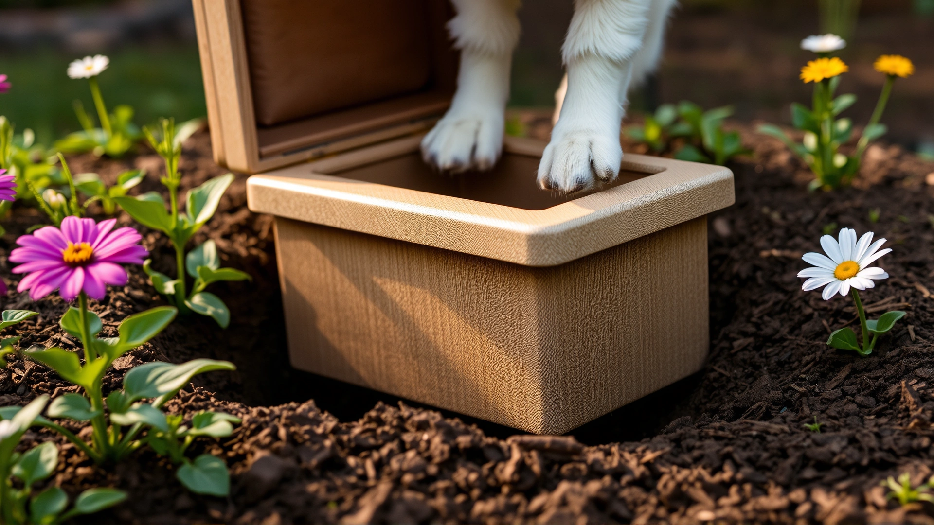 Close-up of a biodegradable pet casket being lowered into a garden hole surrounded by fresh soil and flowers, symbolizing a respectful home burial.
