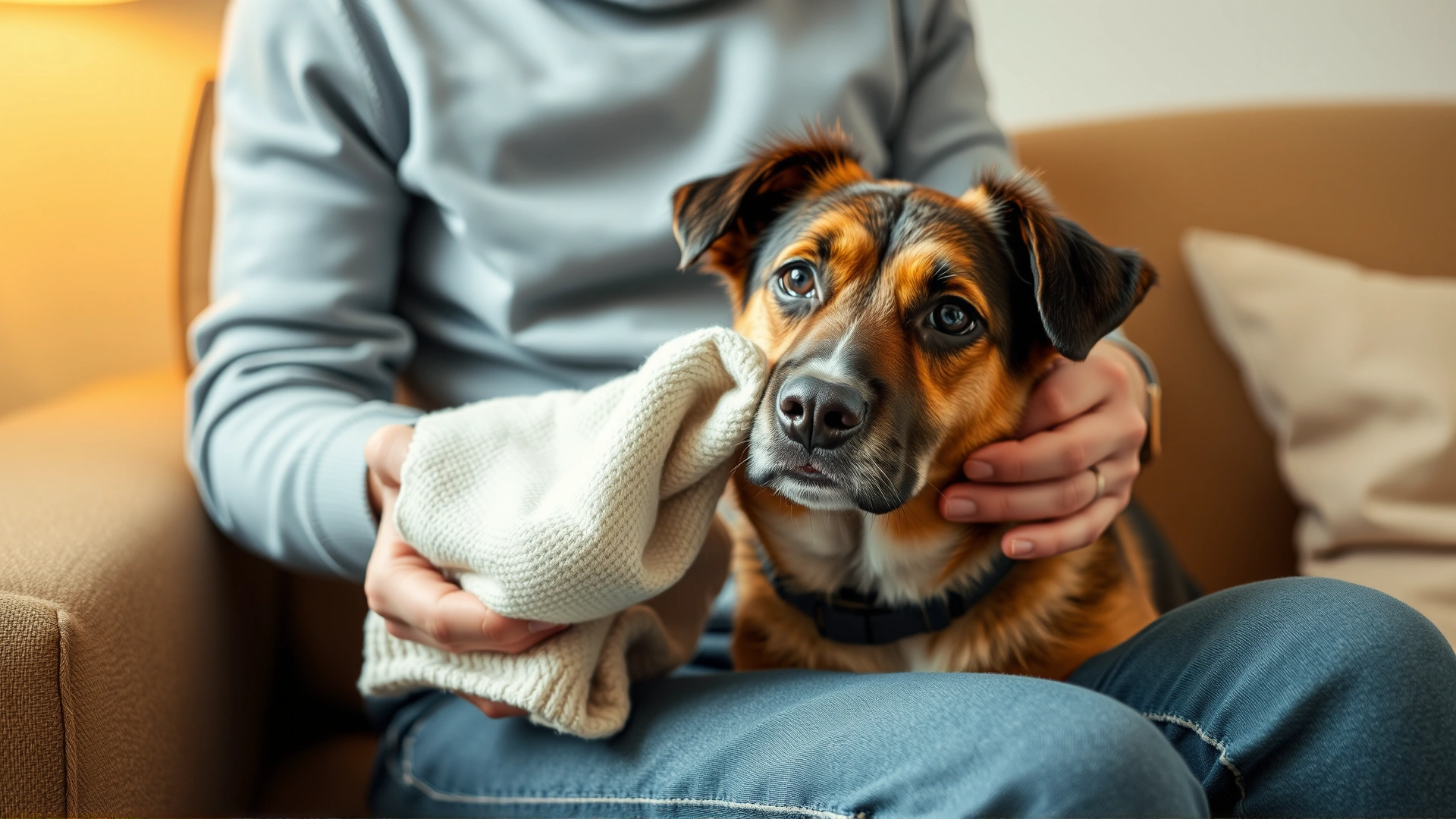 Pet owner sitting on couch using a soft cloth to wipe their dog's nose, cozy indoor setting, warm lighting, no text.