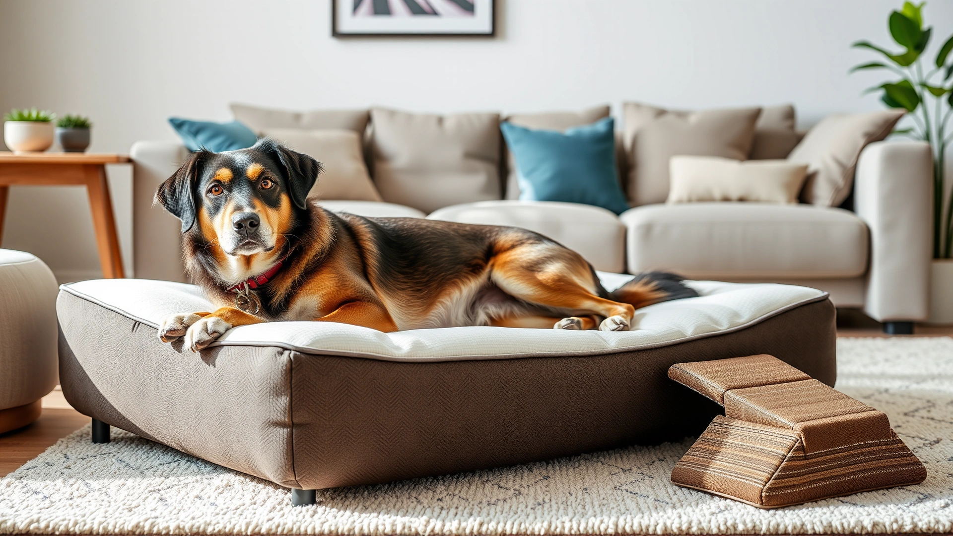 Dog resting on an orthopedic memory-foam bed in a cozy living room with a small ramp leading to a sofa