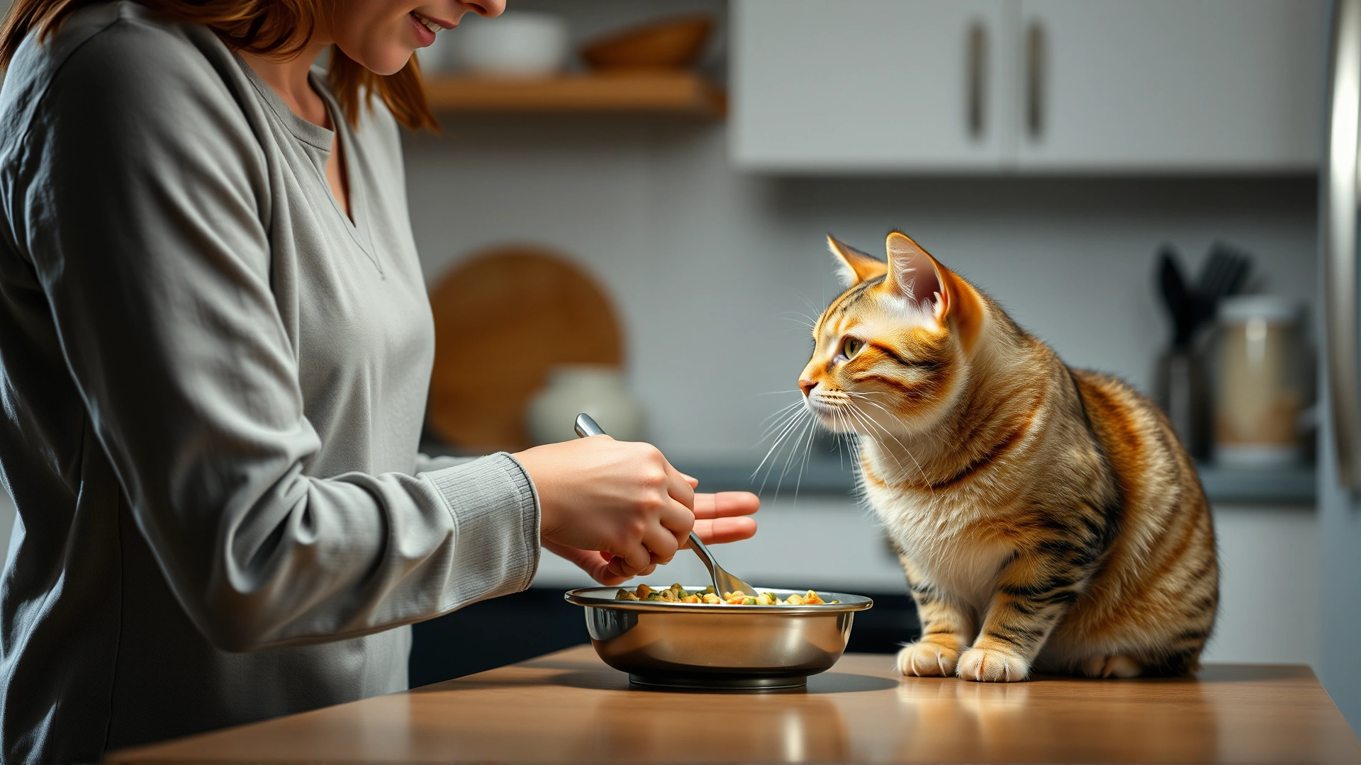 Cat owner gently offering prescription renal diet food to an older domestic shorthair cat in a cozy kitchen.