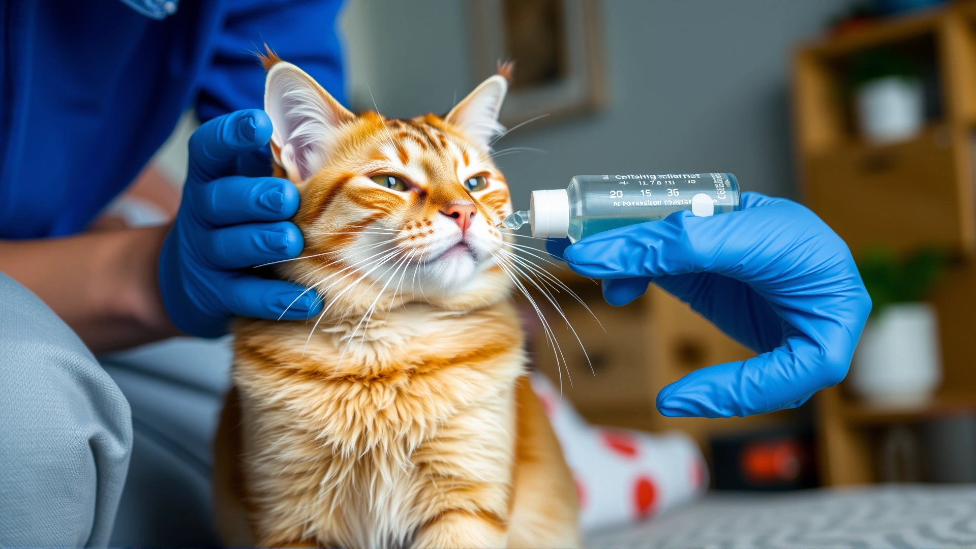 Cat owner gently administering liquid medication to a calm cat at home with cozy surroundings.