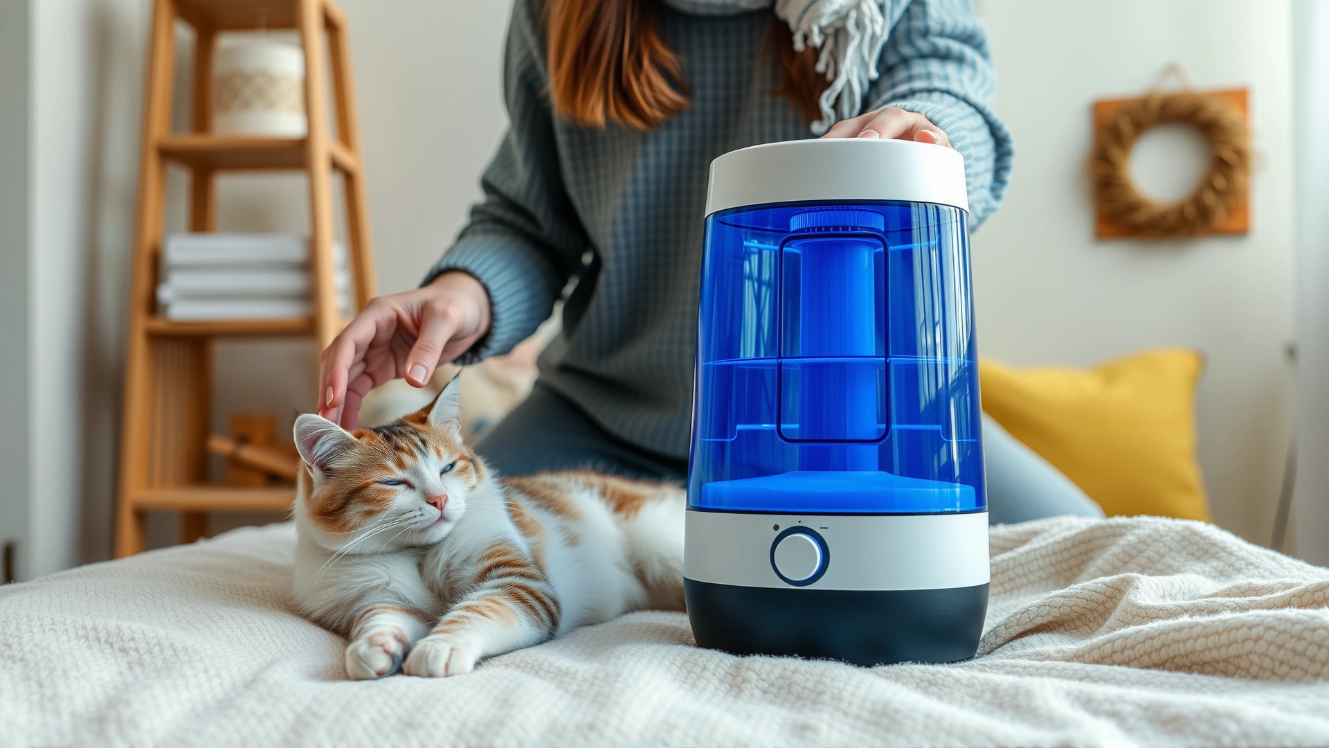 Cozy indoor scene where an owner places a humidifier near a resting cat on a soft blanket.