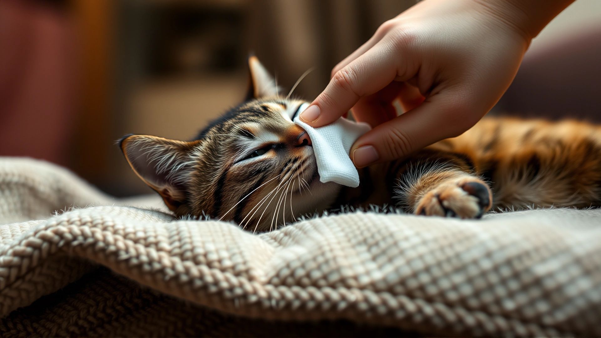 A calm cat lying on a blanket while a human hand holds a cold compress over the bridge of its nose, warm indoor lighting